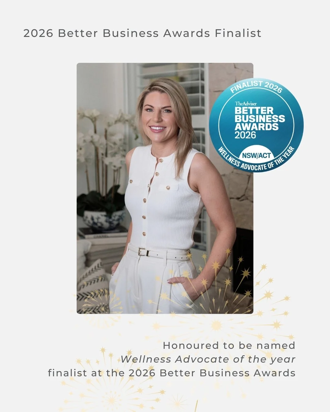 🌿 Finalist &mdash; Wellness Advocate of the Year

So grateful to be named a finalist for Wellness Advocate of the Year at the 2026 Better Business Awards!
Mental health advocacy means a lot to me&mdash;encouraging open conversations, peer support, a