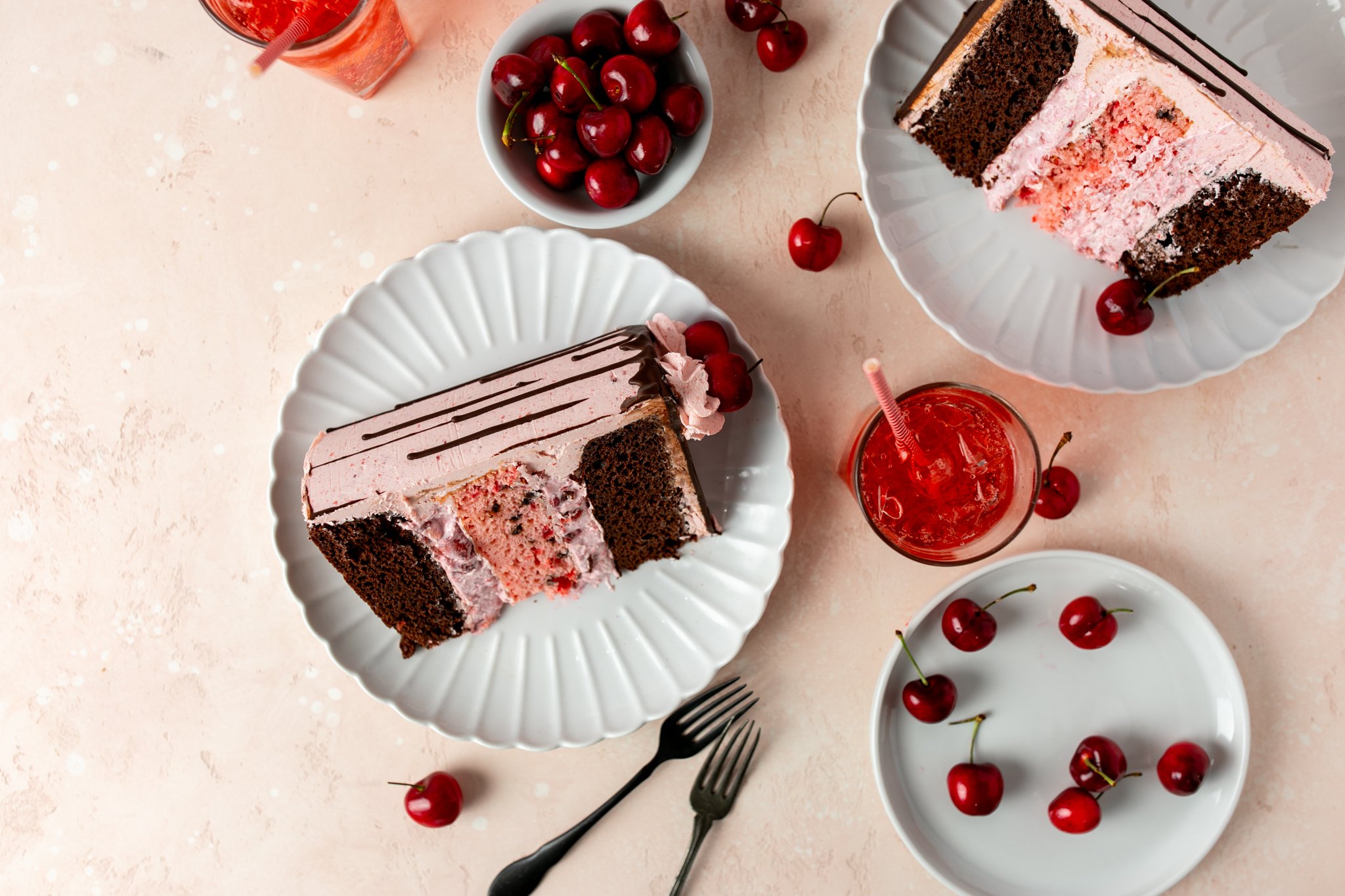 cherry chocolate cake slices on a delicate plate with fresh cherries dessert photography 