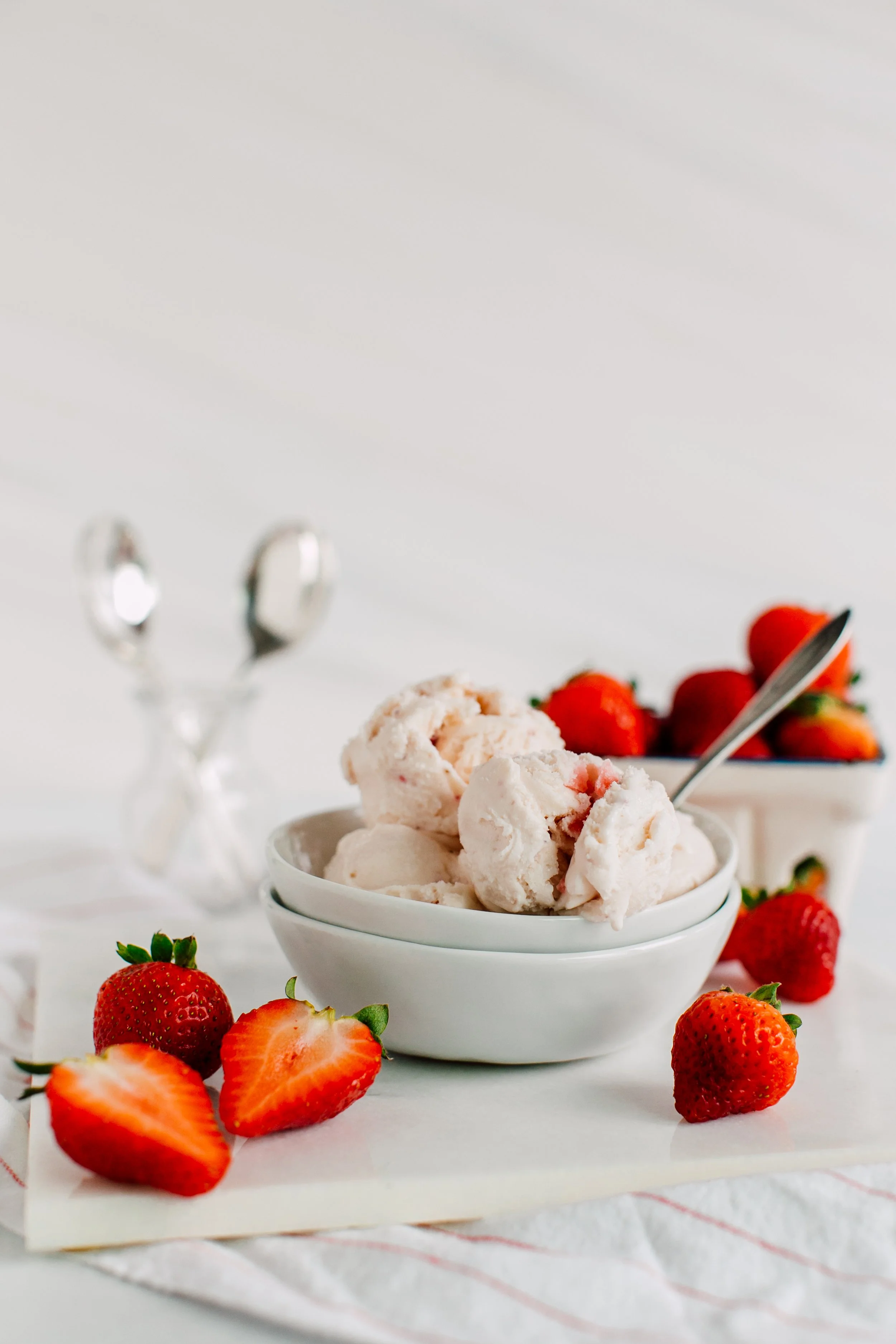 lopez island creamery strawberry ice cream scooped into bowls on the table