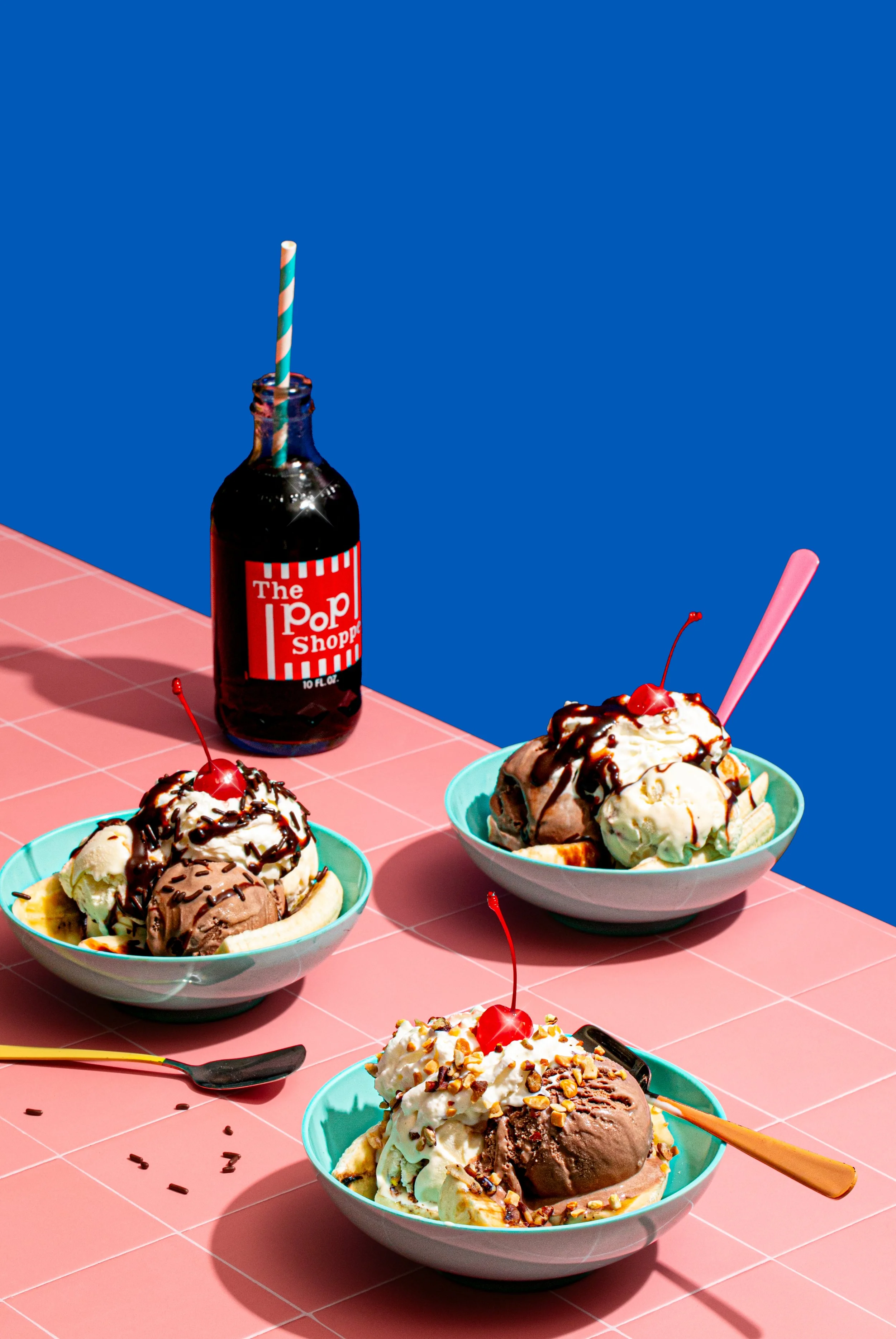 ice cream sundae party three bowls blue and pink colorful backdrop seattle food photographer