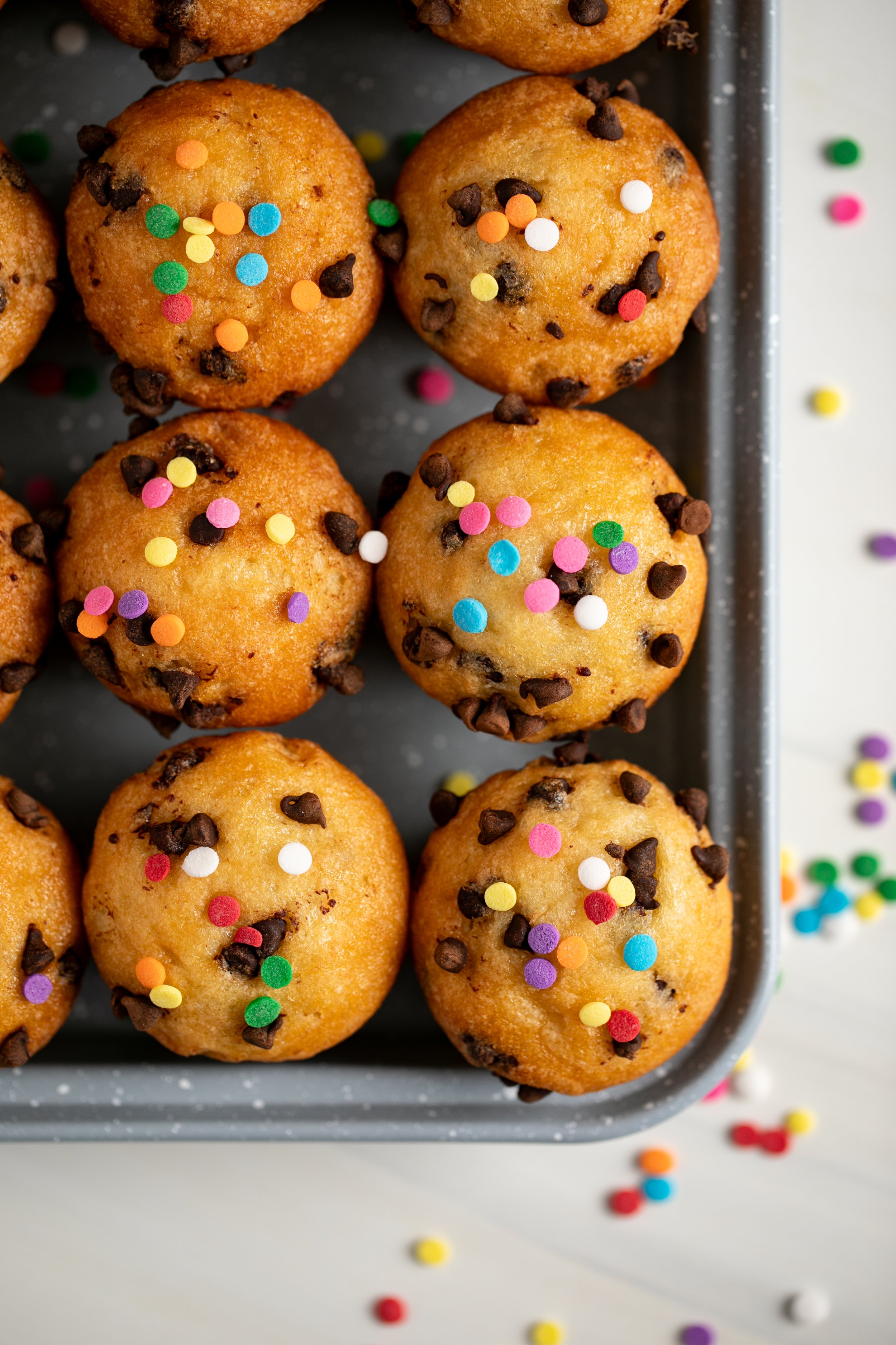 mini chocolate chip muffins covered in confetti