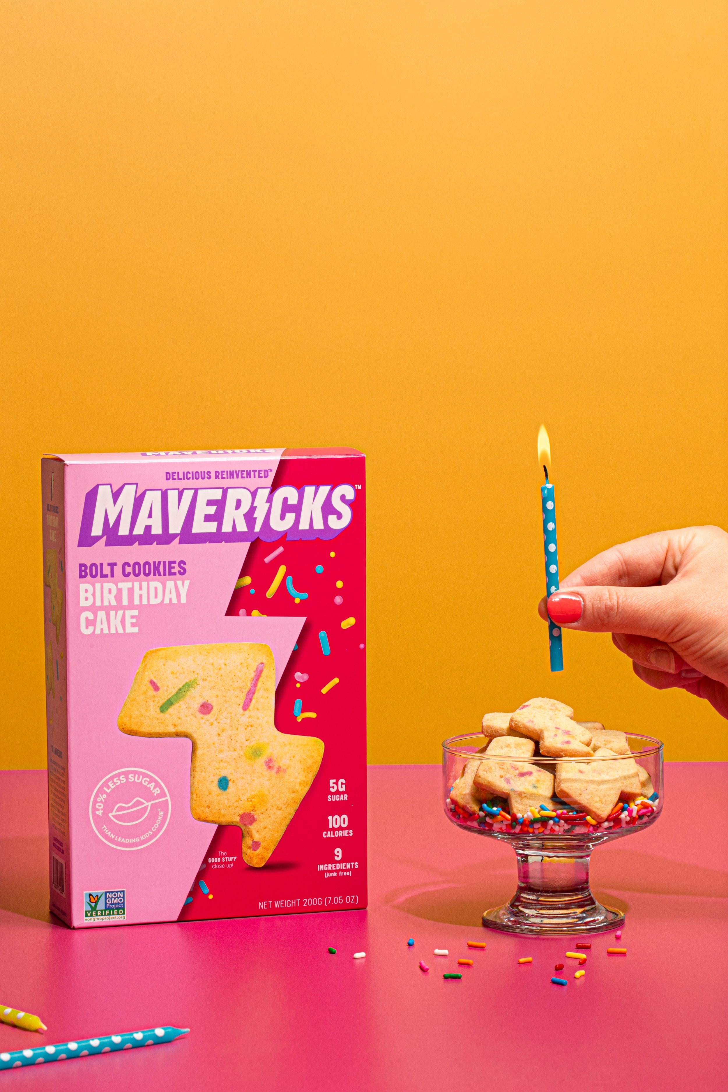 seattle packaged food product photographer protein boxed cookies yellow bacgkround lightening cookies colorful modern commercial imagery