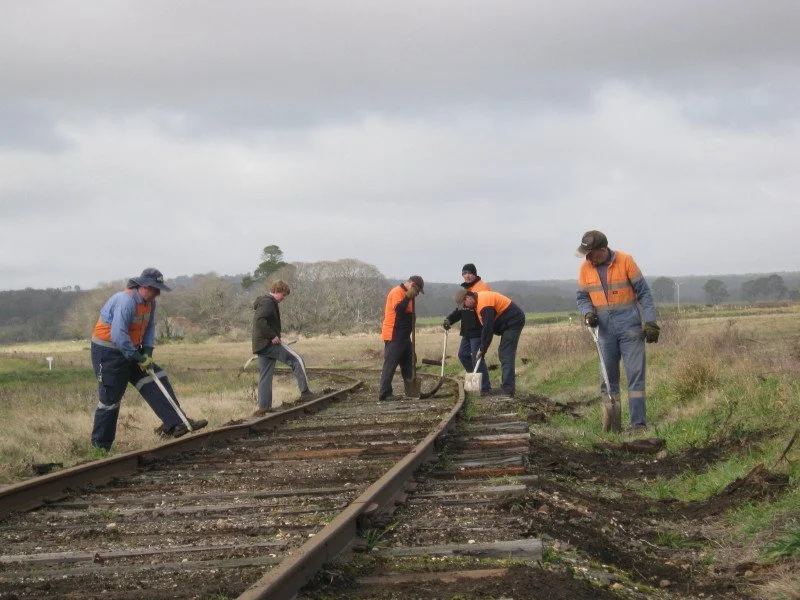 volunteers boxing in the track after the contractors had replaced sleepers during the week.jpg