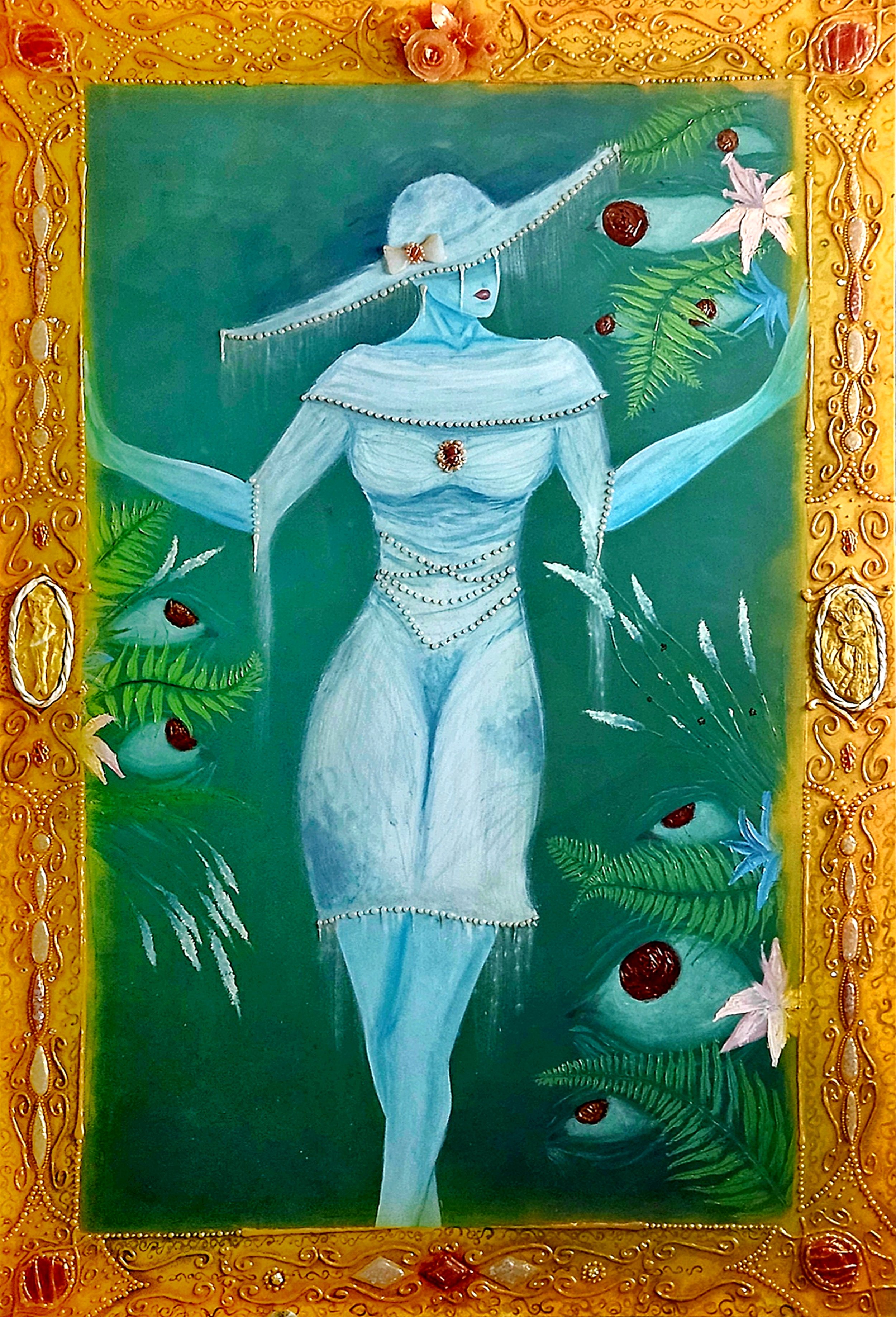 $5700 • Yearned Beauty, 2023 - 48in x 72in, Oil paint, Hot-melt adhesive, Gold and Bronze granular material, Clay, Simulants