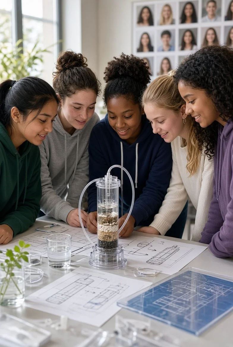 Girls working on an engineering project at an school lab