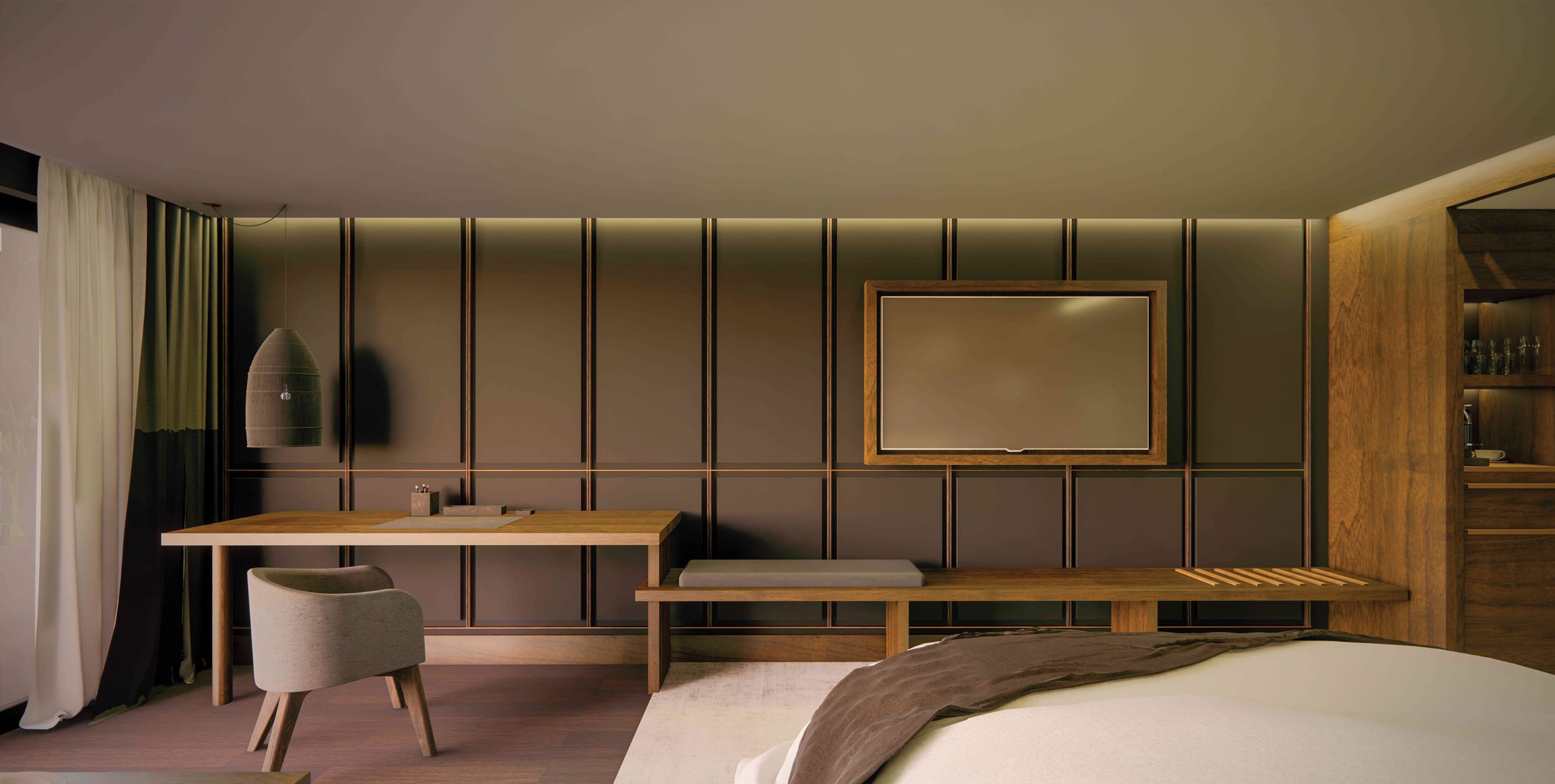 Modern hotel room interior with a wooden desk, chair, and wall-mounted TV, featuring a minimalist design and soft lighting.
