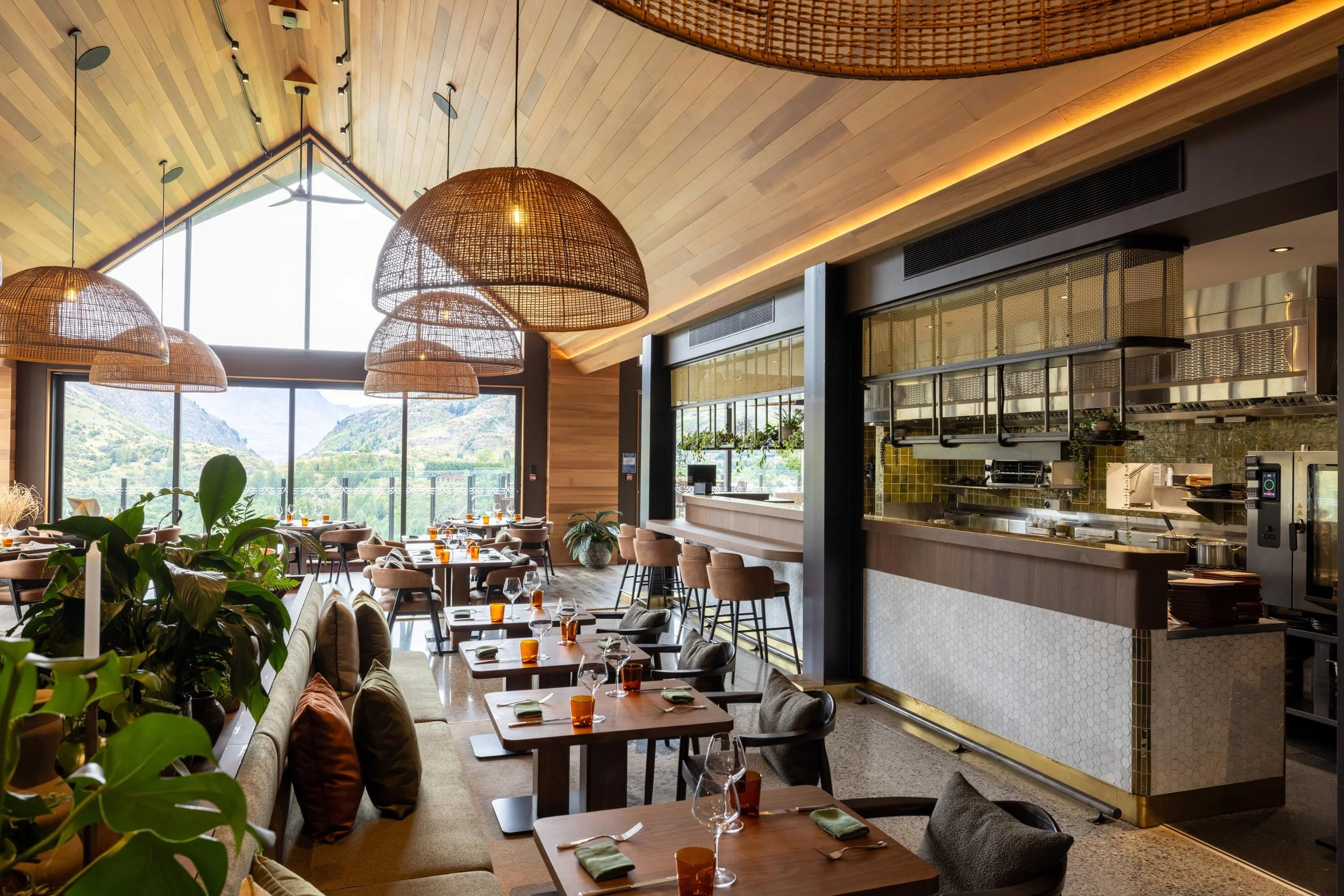 Bar and dining interior at Elevation Bar & Restaurant Queenstown with contemporary alpine design