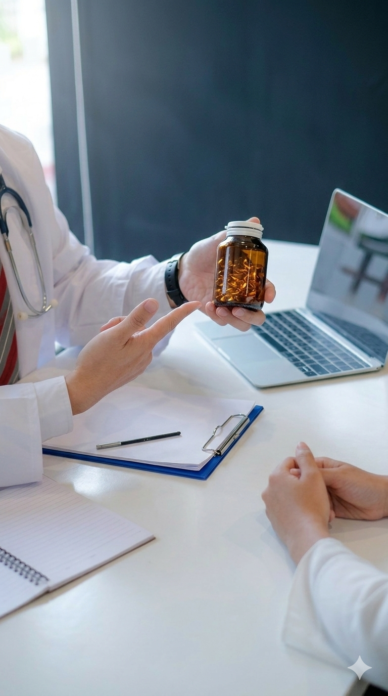 Doctor explaining medication assisted treatment to patient during addiction treatment consultation