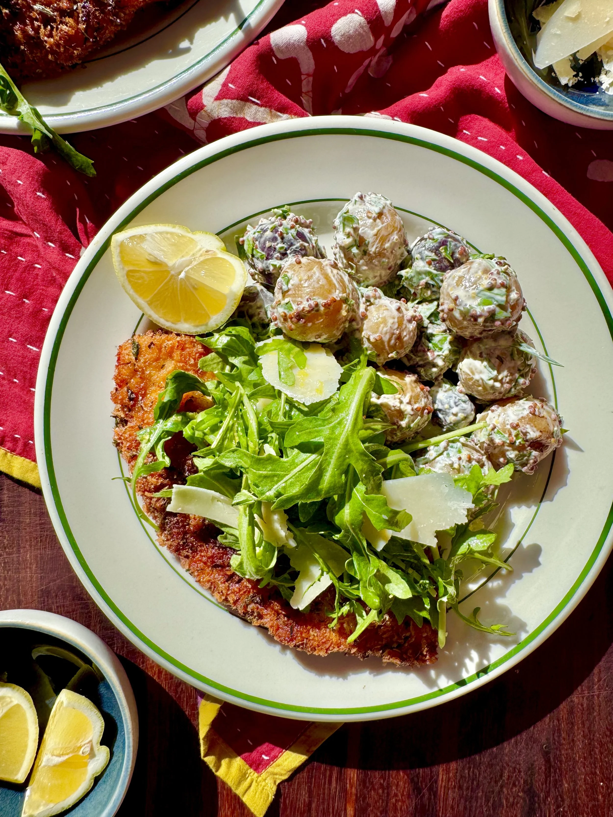 Crispy Chicken Cutlets with Arugula Salad &amp; Mustardy New Potatoes