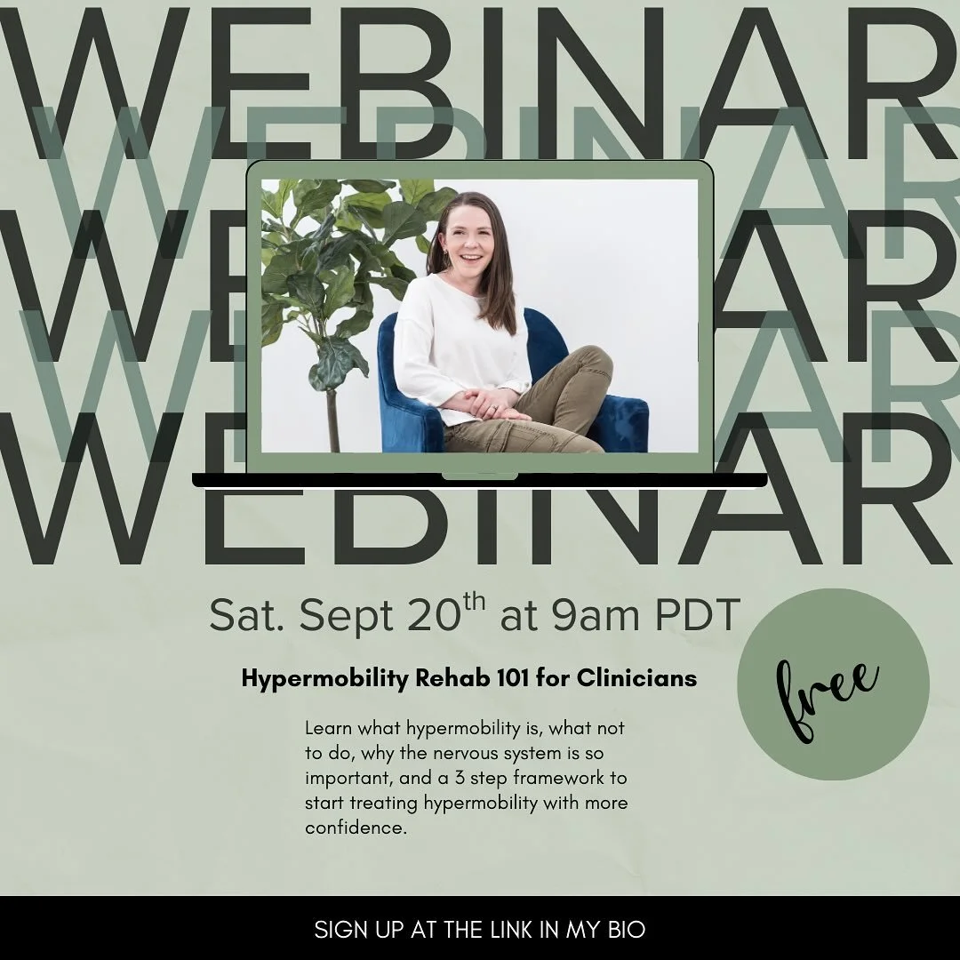 📣 FREE Webinar This Saturday.

Hypermobility Rehab 101 for Clinicians 
Saturday, Sept 20th at 9am PDT

We will be reviewing:
➡️ What is Hypermobility 
➡️ Associated Conditions 
➡️ What Not To Do to Avoid Harm 
➡️ New Research Study on the Nervous Sy
