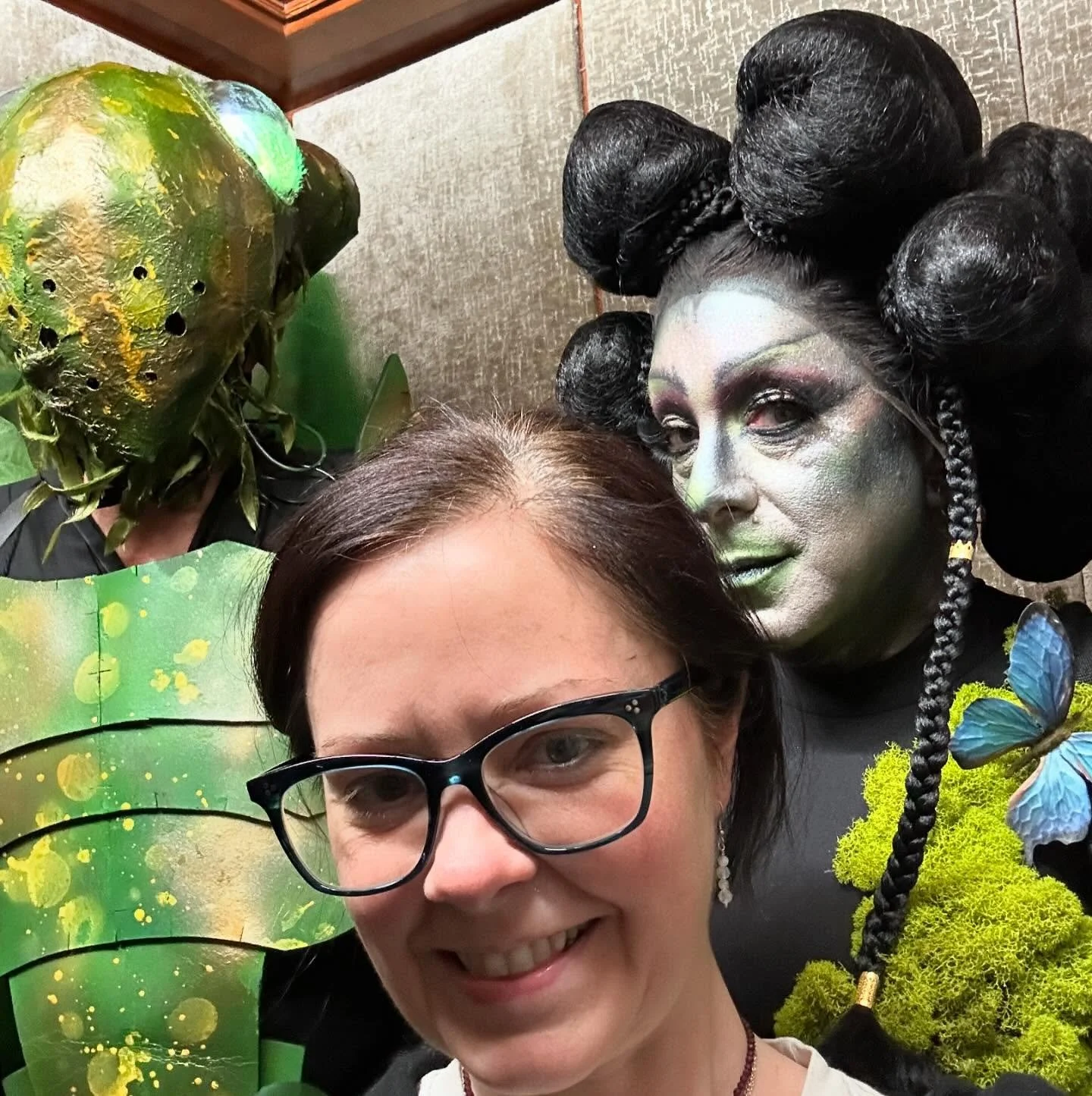 My beautiful friend, John, walking Salem tonight as a Forest Nymph and his wonderful &amp; brilliant husband, Rick, as a Praying Mantis for the Halloween Ball at the Hawthorne Hotel. Costumes by Rick, Makeup by me. Tis&rsquo; the season! ✨🖤✨ @jsniag