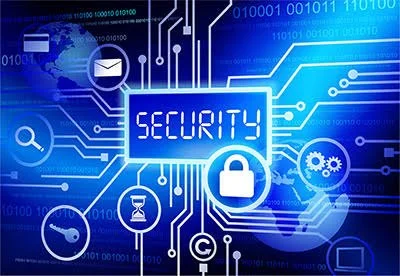 Digital security concept with lock and technology icons on blue circuit background