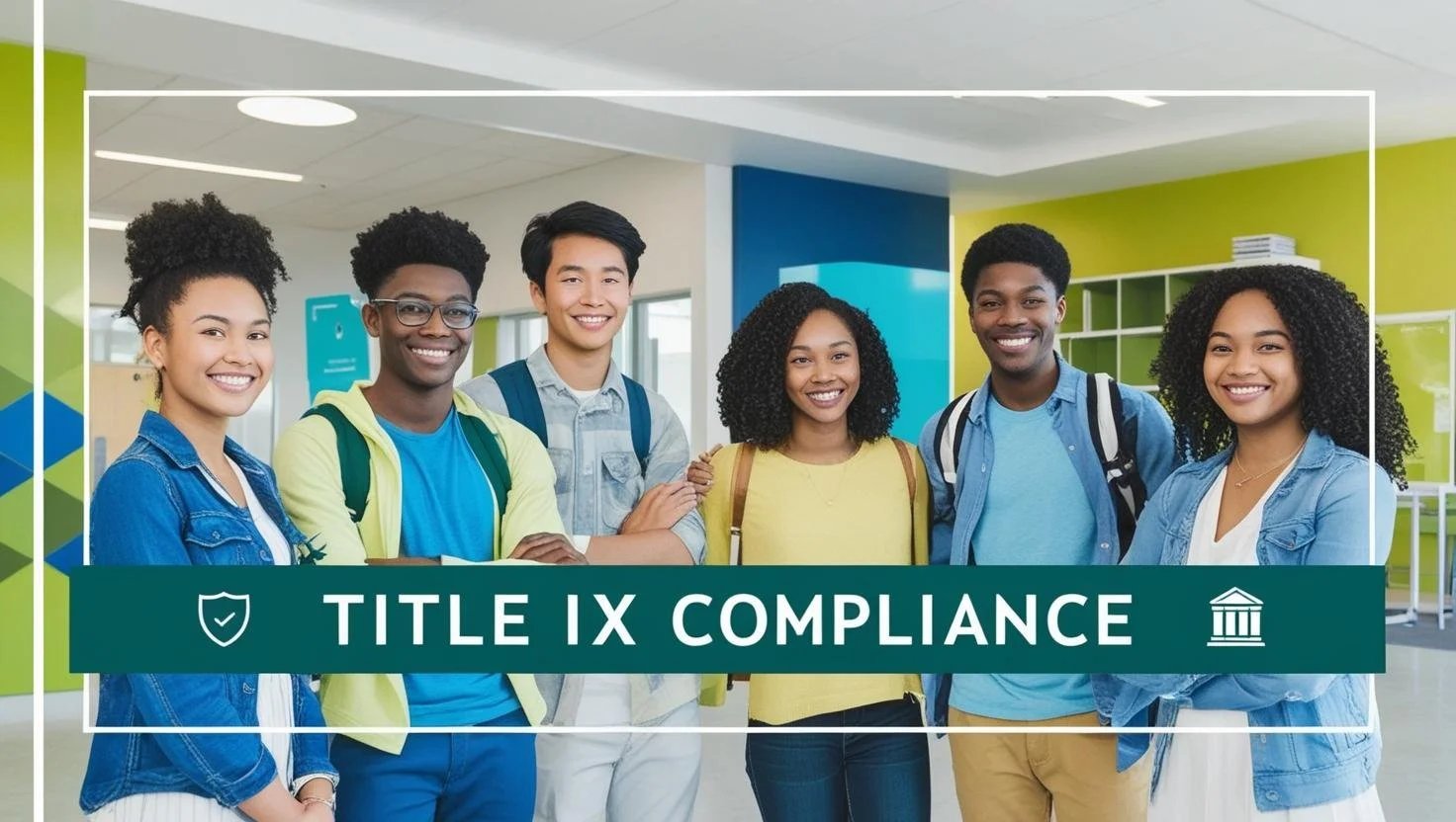 Group of diverse young students smiling indoors with a banner reading 'Title IX Compliance'.