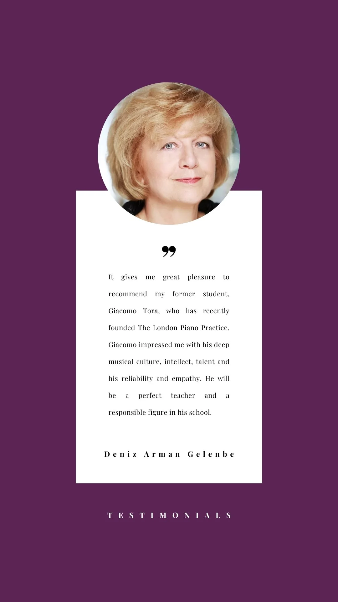 Testimonial graphic featuring a headshot of a woman with blonde hair and a paragraph of text, against a purple background.