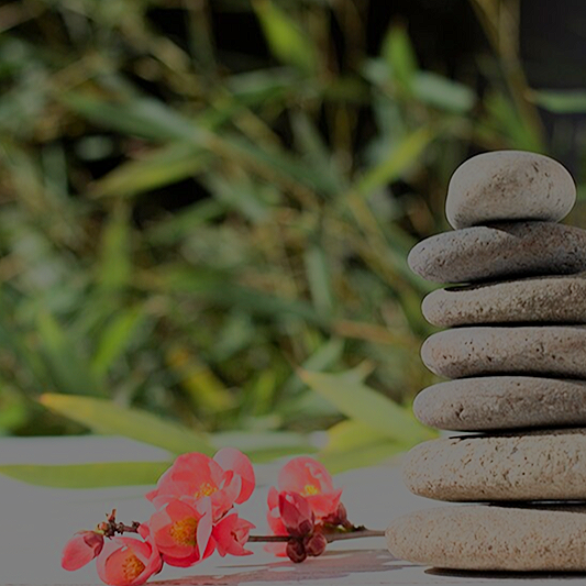 Stack of rounded stones next to pink flowers on a white surface with green foliage background