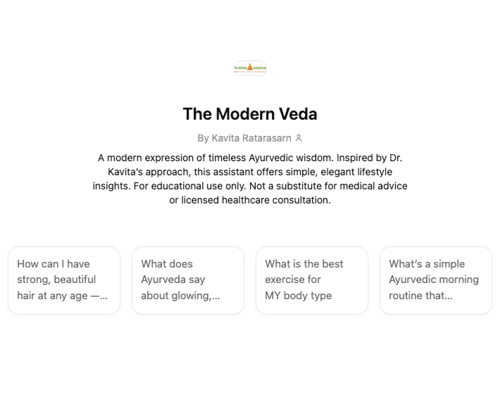 Screenshot of a document titled "The Modern Veda" with a subtitle about Ayurvedic wisdom, authored by Kavita Ratarasarn, and four clickable questions about Ayurveda and health.