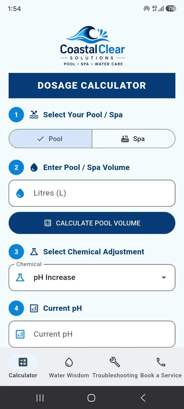 Screenshots of a pool chemical dosage calculator app from CoastalClear Solutions, showing options to select pool or spa, enter volume in liters, choose chemical adjustments, and view current pH levels.