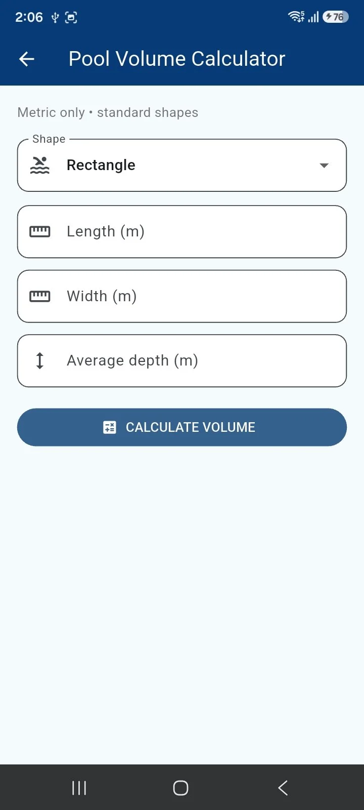 Screenshot of a pool volume calculator app on a mobile device, showing options for shape, length, width, and depth, with a button to calculate volume.