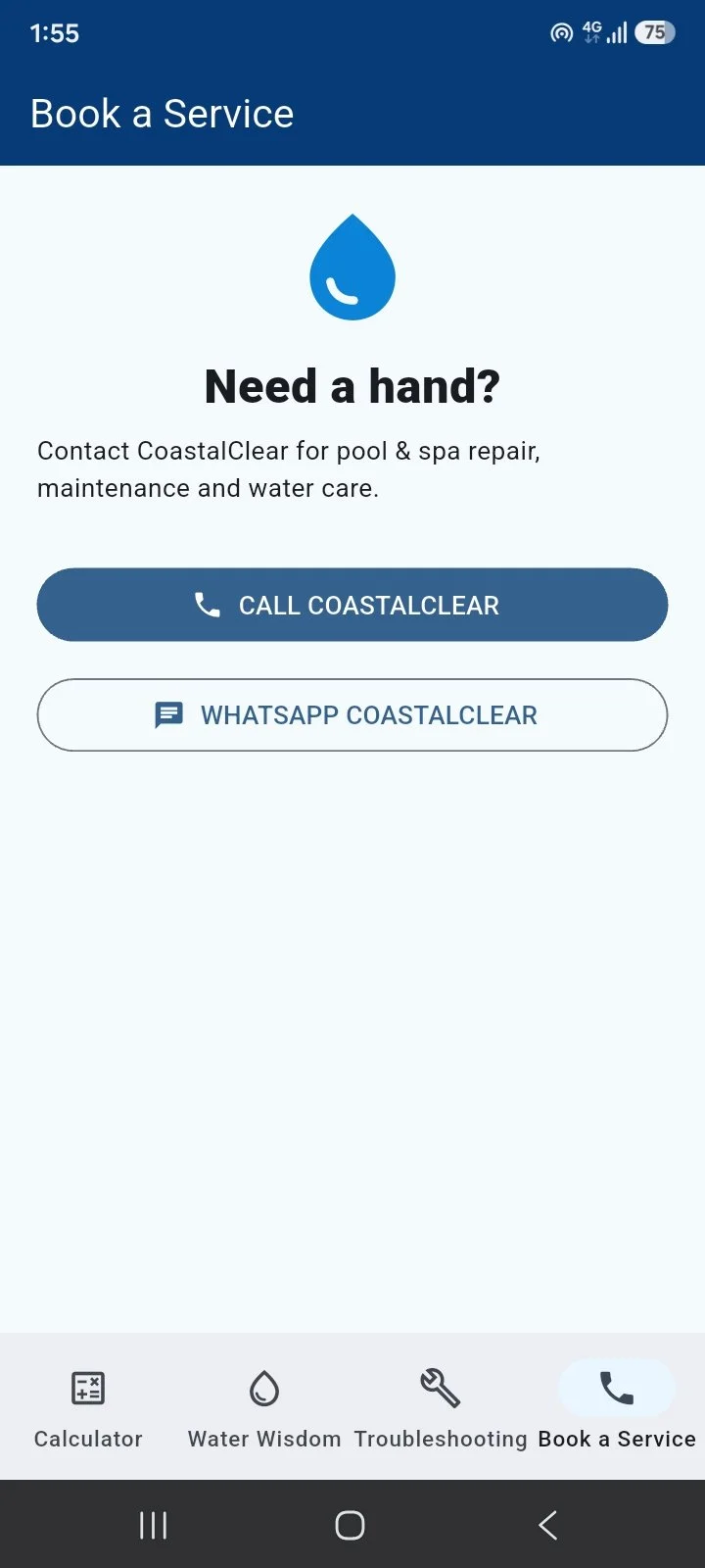 Mobile app screen for booking a water-related service, offering options to call or chat with CoastalClear for pool and spa repair, maintenance, and water care.