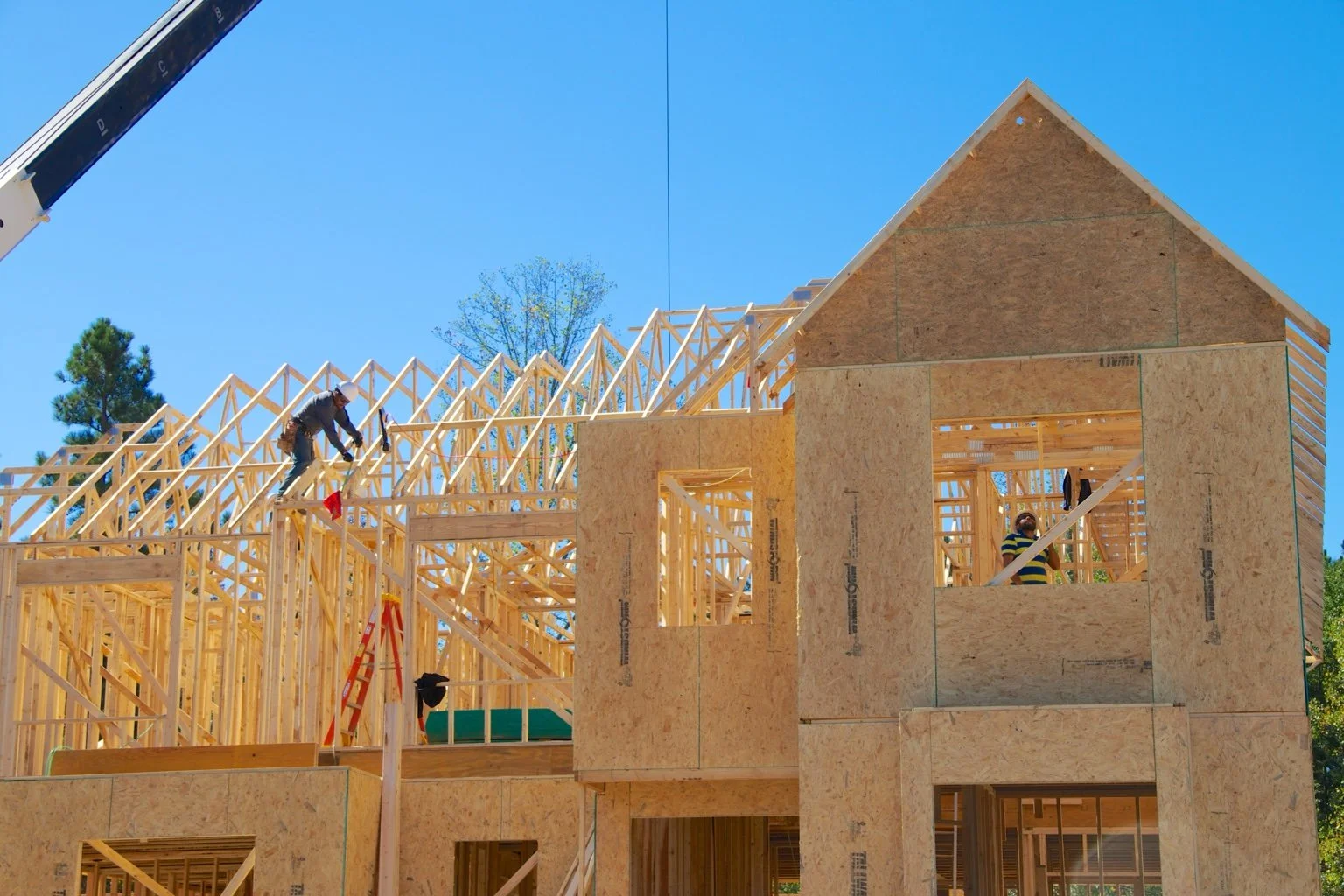 Roof structure, trusses, and sheathing during residential framing.