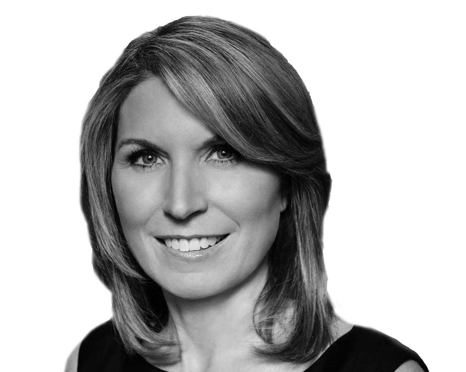 Black and white portrait of a smiling woman with shoulder-length hair, wearing a sleeveless top.