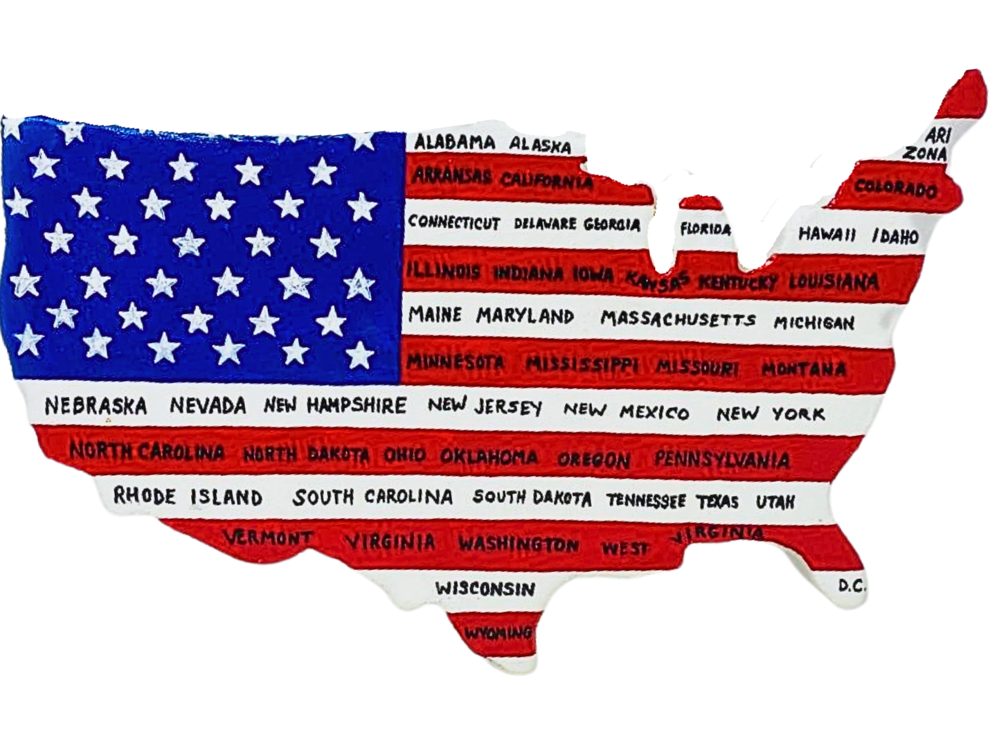 Map of the United States shaped like the American flag with each state labeled in black text inside its shape