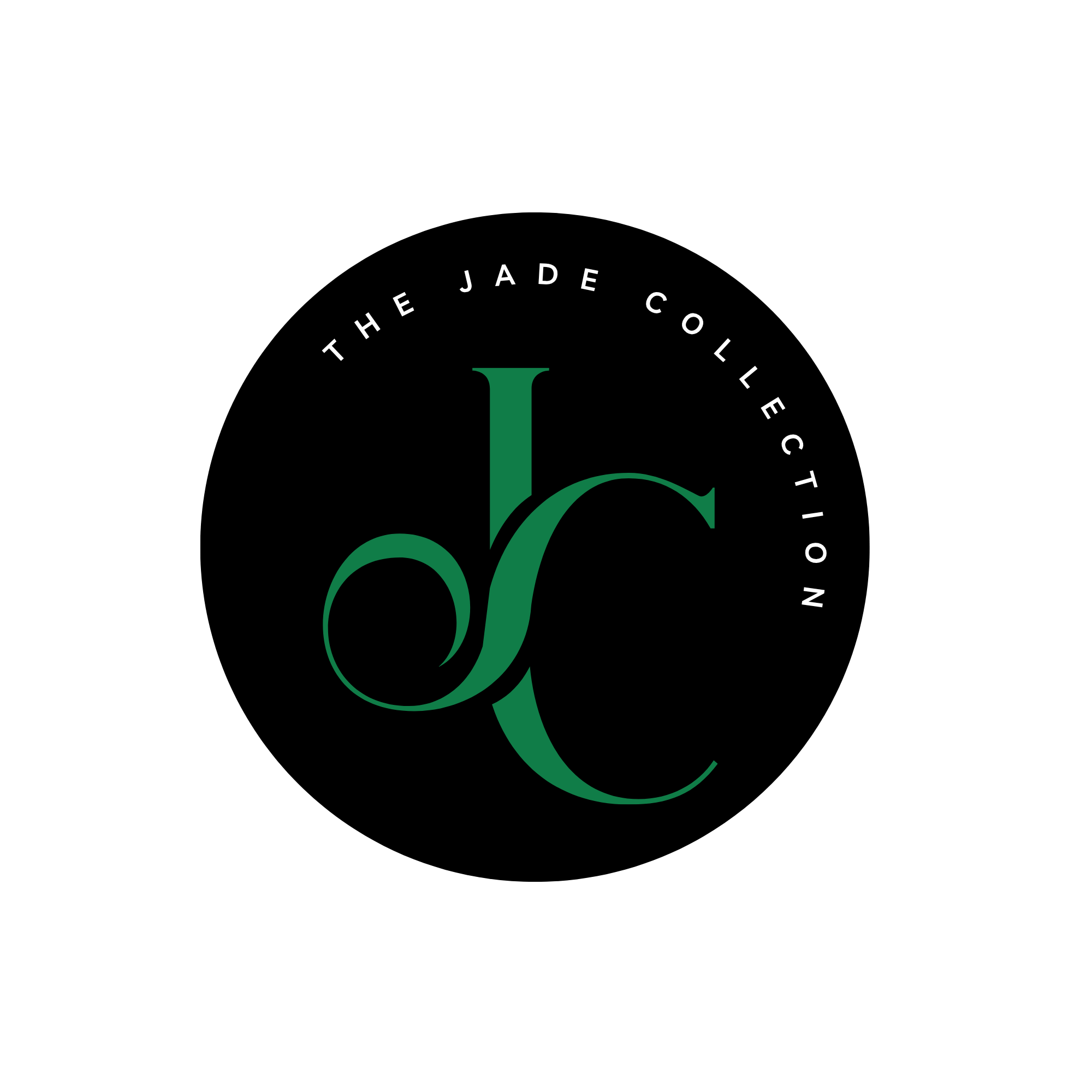Black background with green stylized ampersand symbol at the center, surrounded by white text forming a semi-circle that reads 'THE JADE COLLECTION'.