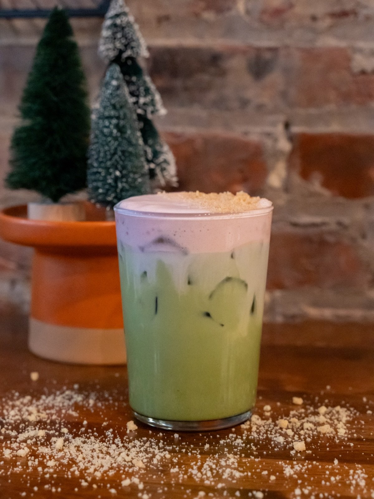 Matcha? Yes. 
Christmas Tree Matcha? Yes. Yes.

Rishi Matcha + House Made Sugar Cookie Syrup + Vanilla + Strawberry Cold Foam + Sugar Cookie Crumbles
