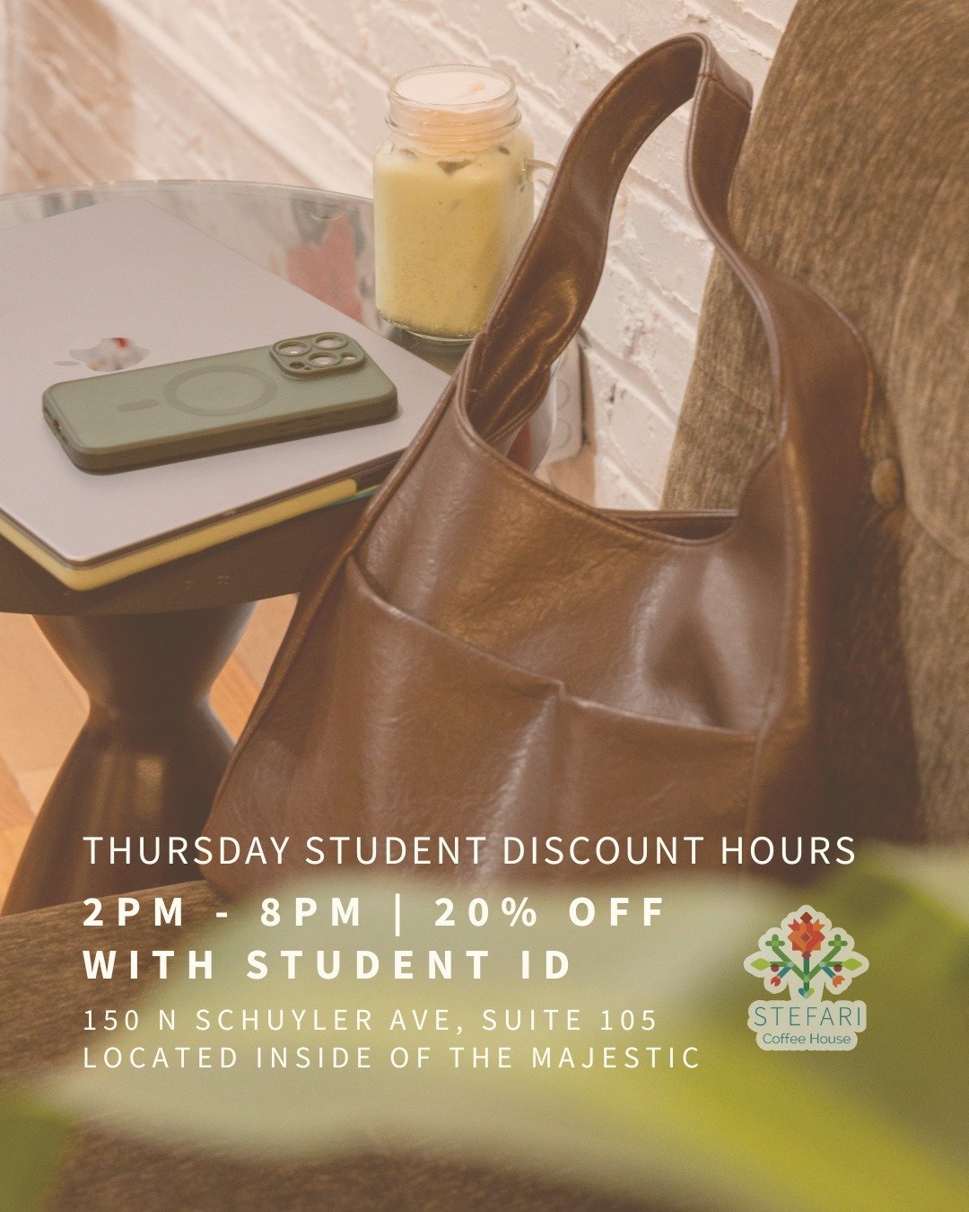 ☕ 𝐖𝐄𝐋𝐂𝐎𝐌𝐄 𝐁𝐀𝐂𝐊 𝐒𝐓𝐔𝐃𝐄𝐍𝐓𝐒! To celebrate we are extending our student discount hours this Thursday 👉 enjoy 20% off with your student ID, 2pm - 8pm 😍

📍150 N Schuyler Ave, Ste 105

💛 Discount also applies to all local students with