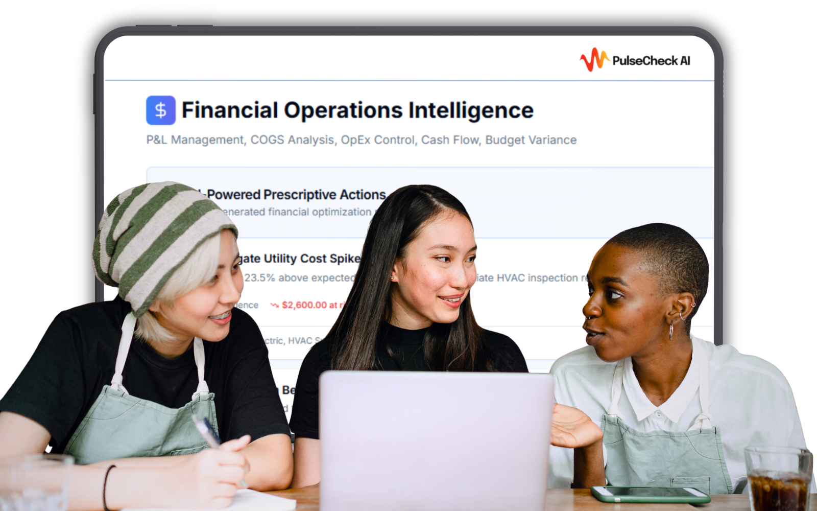 Three women discussing financial operations intelligence in front of a large screen displaying financial analysis information.