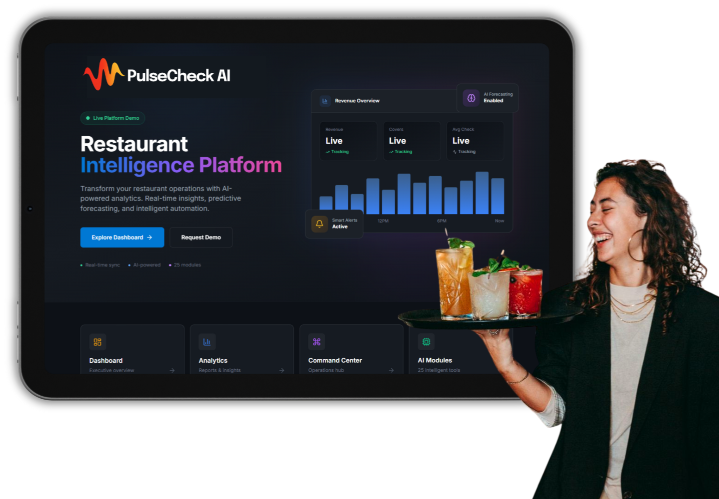 A woman smiling and presenting a tray of colorful cocktails in front of a digital screen displaying a restaurant AI analytics platform.
