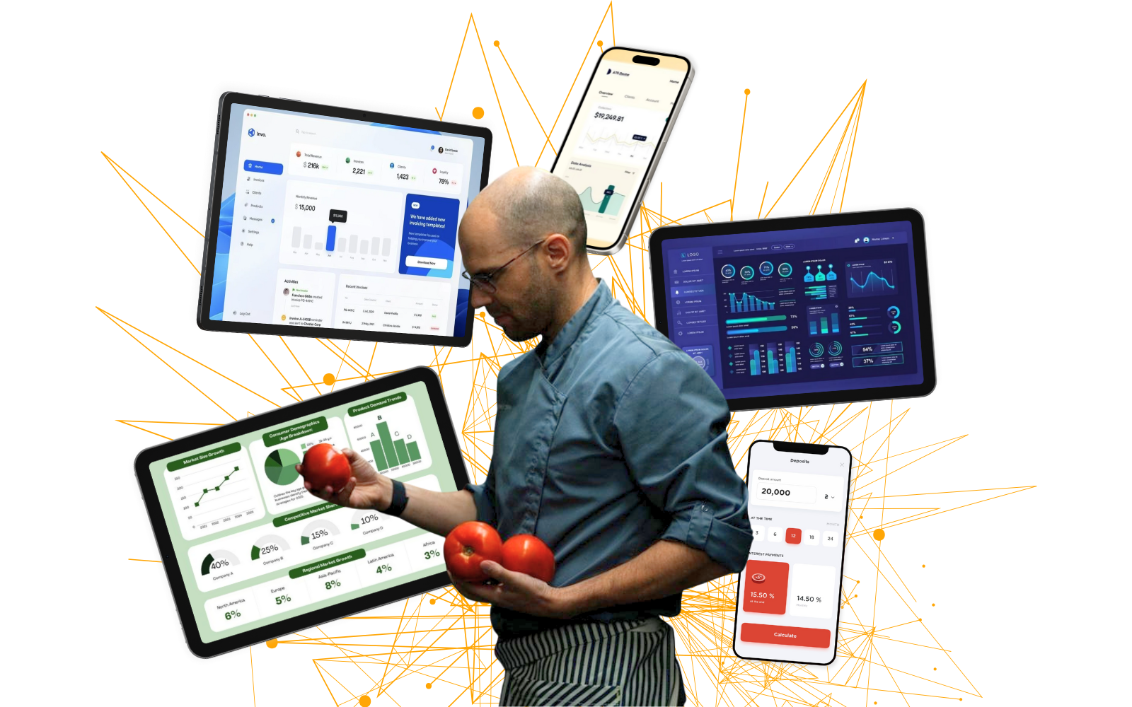 A man holding tomatoes surrounded by various digital screens displaying charts, graphs, and financial data.