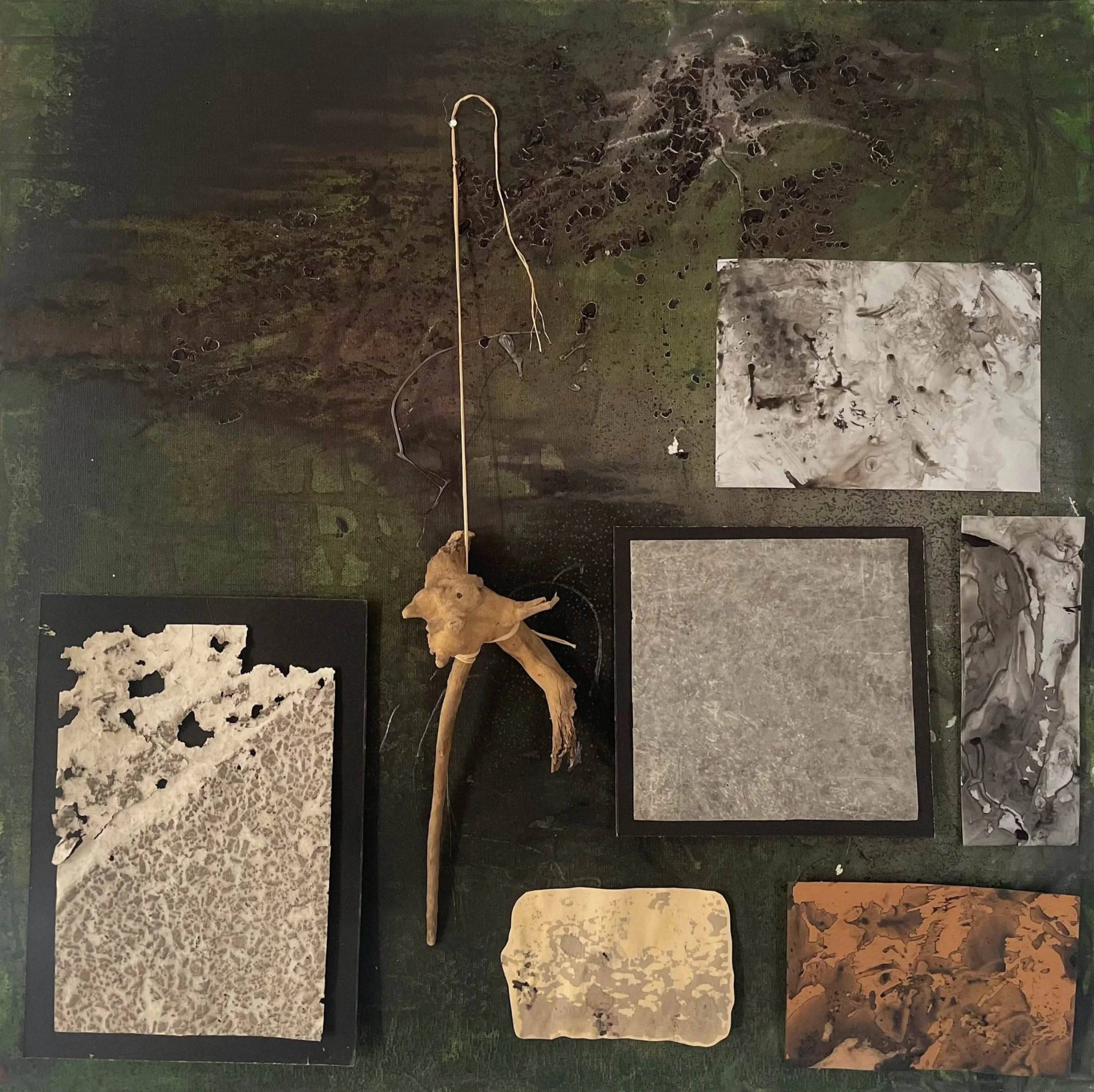 acrylic paint, salt, water, india ink, charcoal, and driftwood on canvas, synthetic paper, and cardstock. 24x24in.