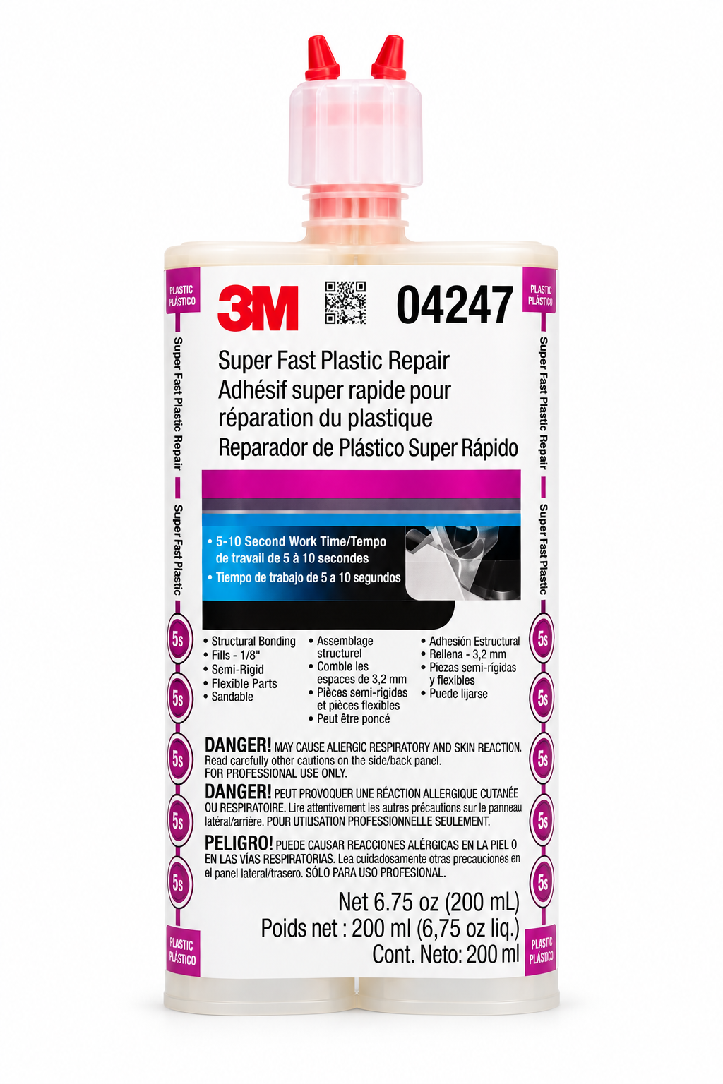 3M™ 04247 Super-Fast Plastic Repair, 200 mL Duo-Pak Cartridge, Viscous, Clear, 1 to 4 hr Curing