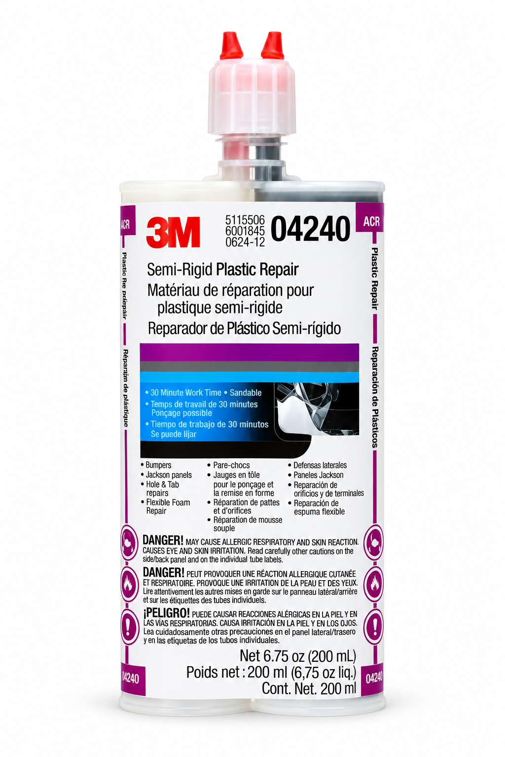 3M™ 04240 Semi-Rigid Plastic Repair Adhesive, 200 mL Cartridge, Liquid, Black/Clear, 1 to 1.2