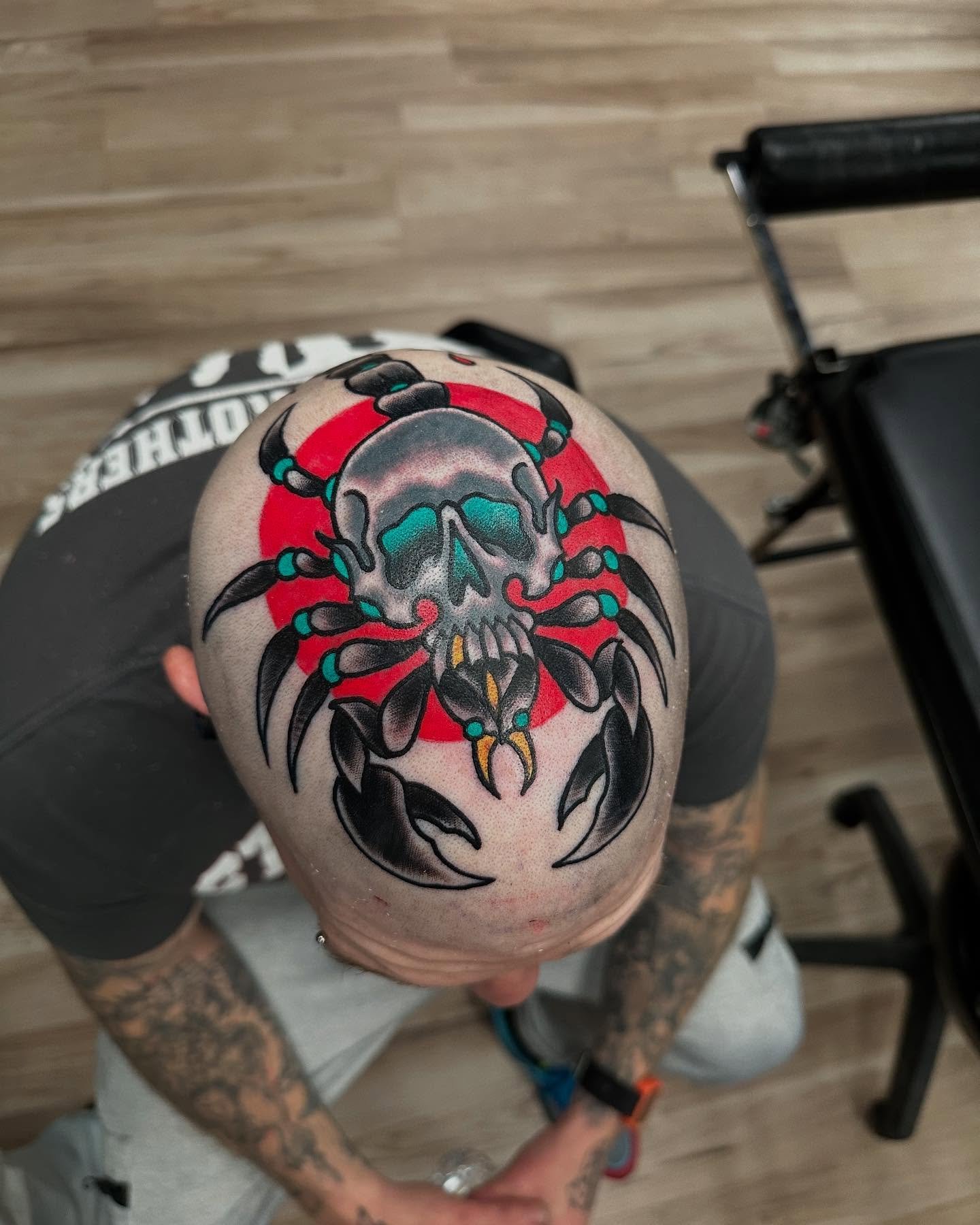 Did this rad skull banger yesterday. It was an absolute blast. I&rsquo;ll tattoo heads all day. Done with @familytraditionsupply and @steadfasttattoosupply products. #tattoo #tattooer #tattooflash #traditional #neotraditional #headtattoo #scorpion #s