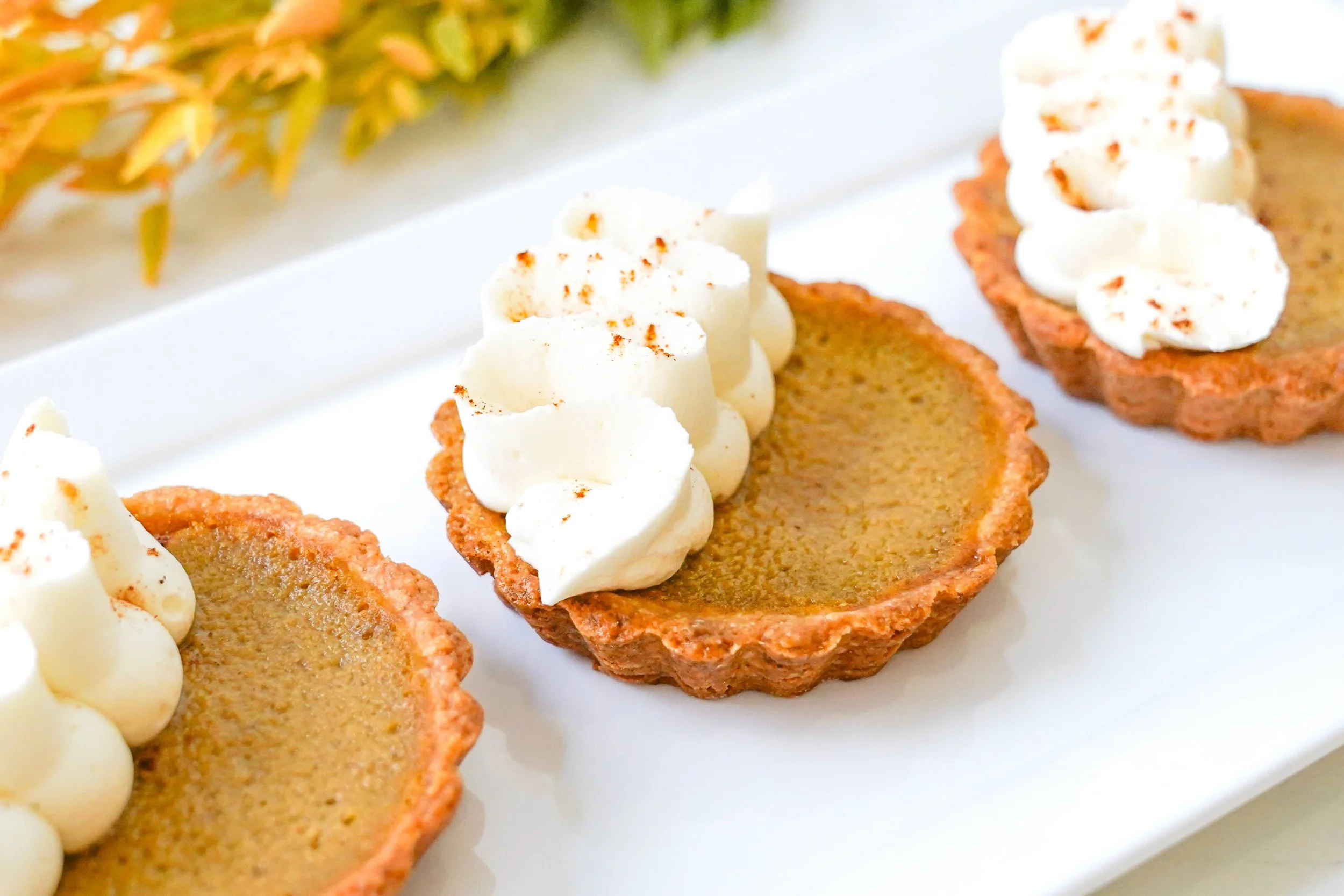 Mini pumpkin pies topped with whipped cream on a white plate.