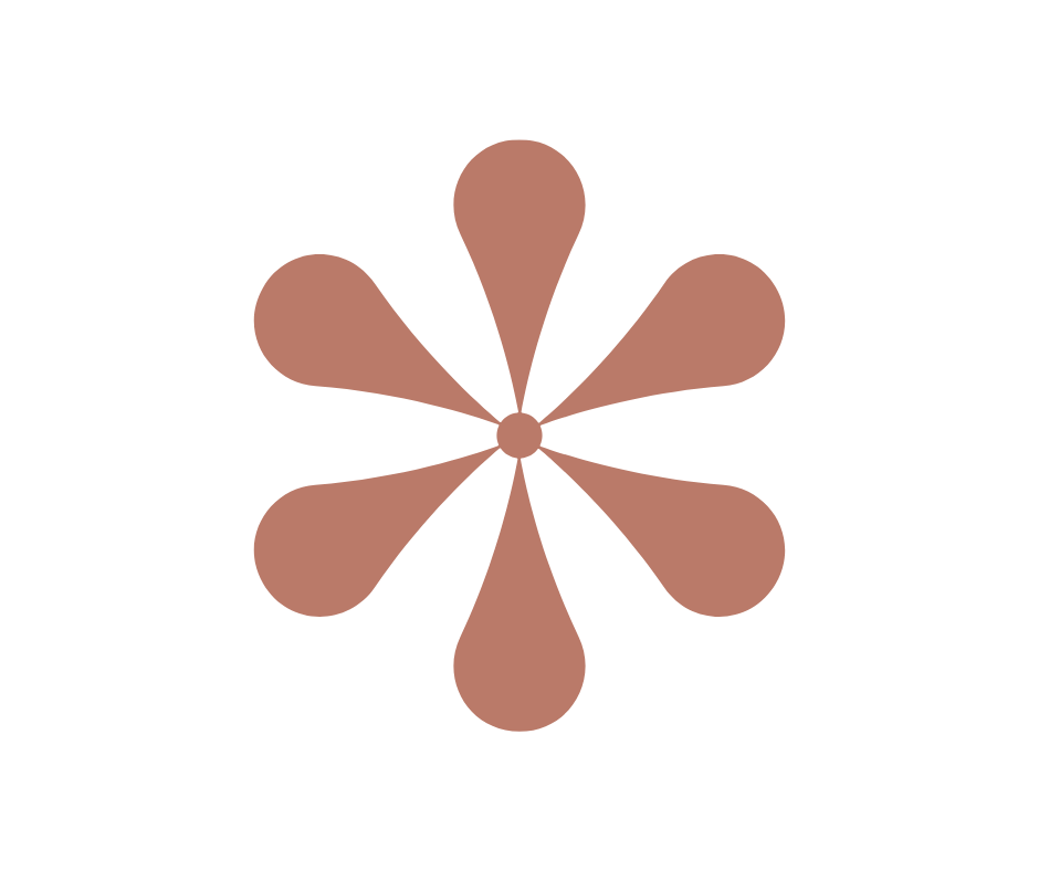 A symmetrical flower with a circular center and seven large, rounded petals radiating outward against a black background.