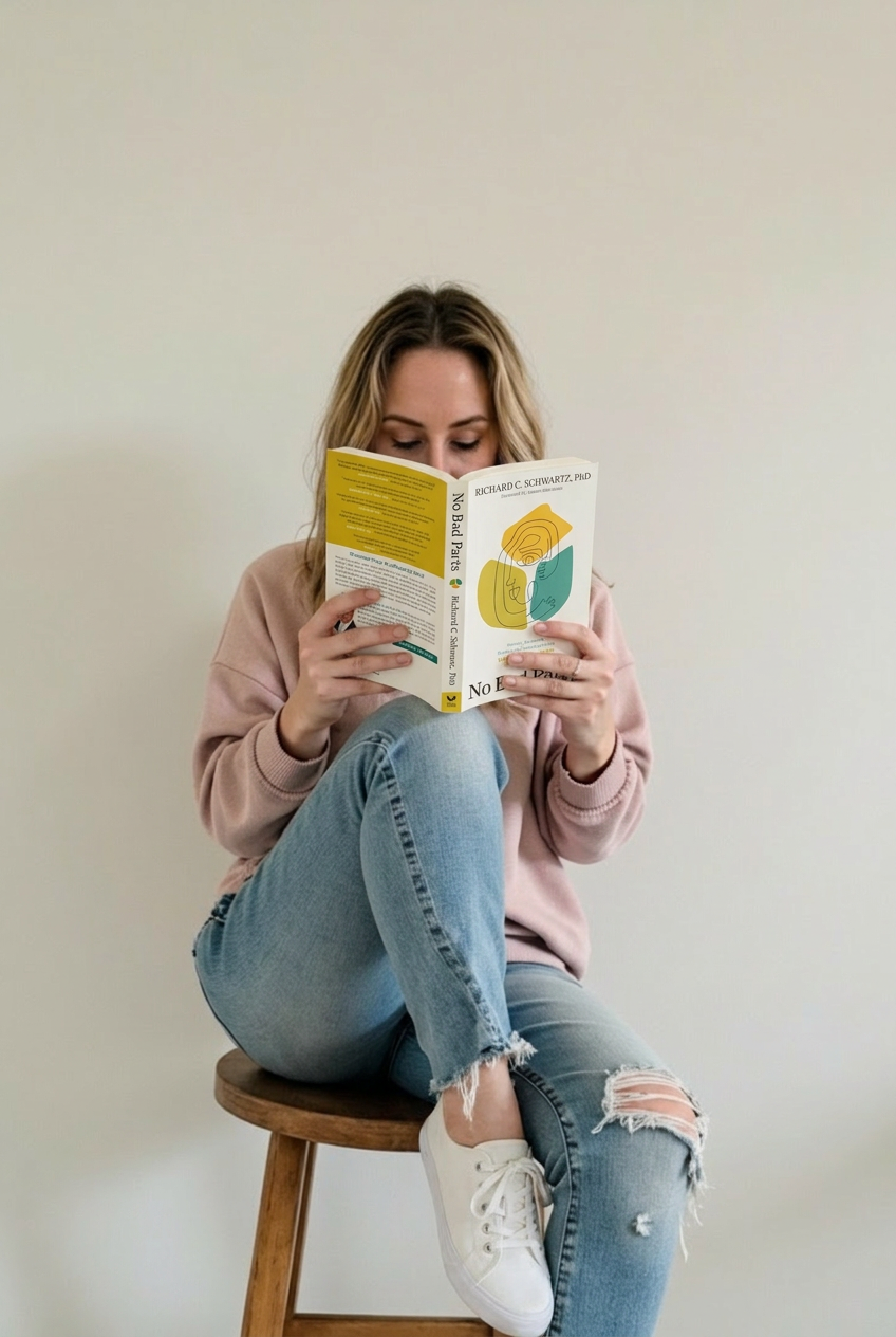 A woman sitting on a wooden stool, reading a book. She is wearing a pink hoodie, ripped blue jeans, and white sneakers, with her hair down against a plain light-colored wall.