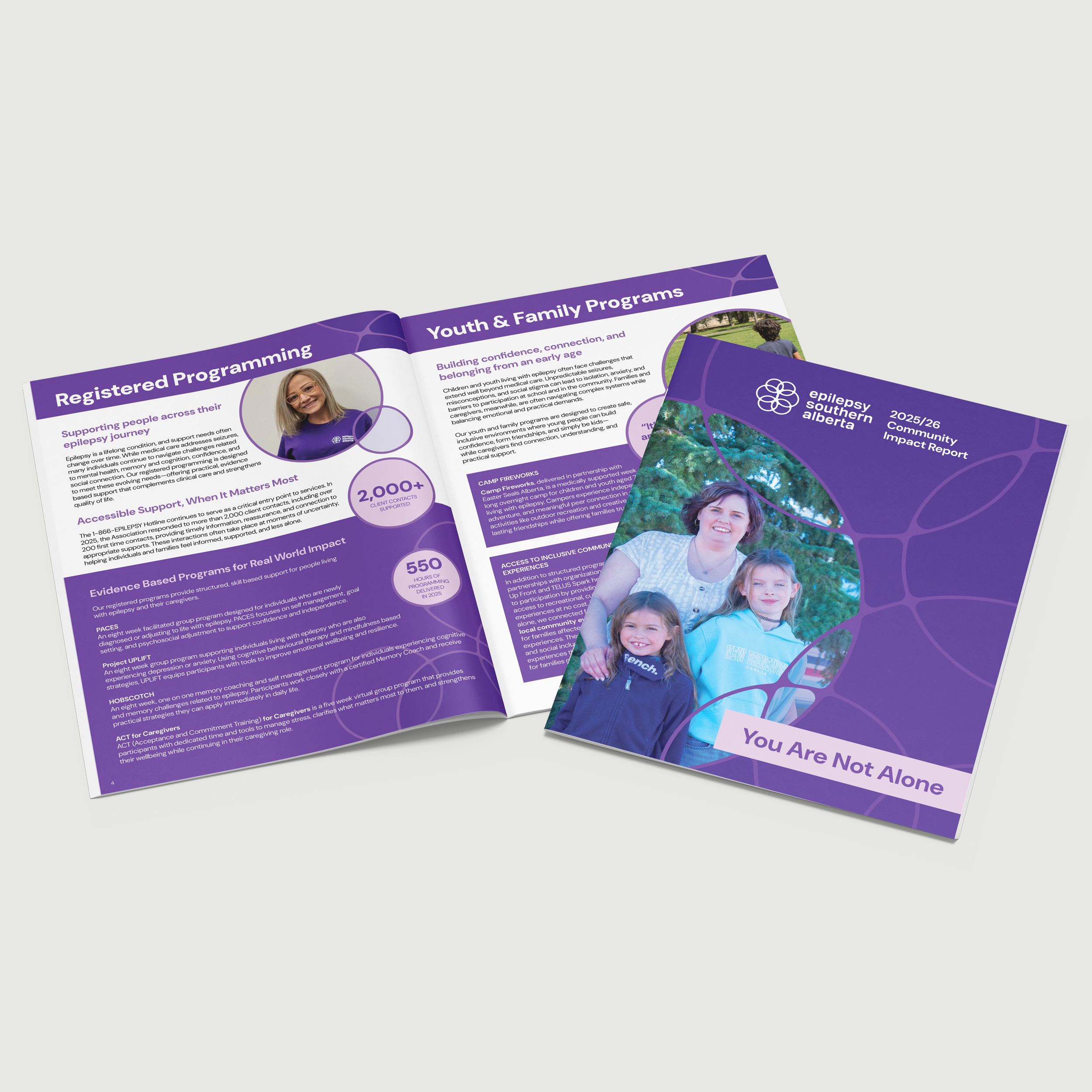 Graphic Design: Report to Community titled 'You Are Not Alone' for 2025 by Epilepsy Association Alberta, featuring an image of a happy family.
