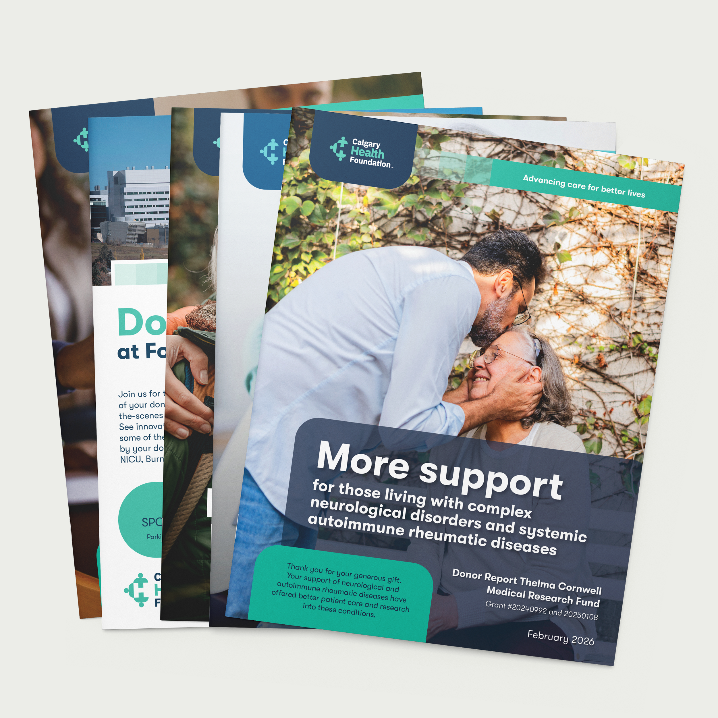 Graphic Design:  A stack of report booklets from Calgary Health Foundation.