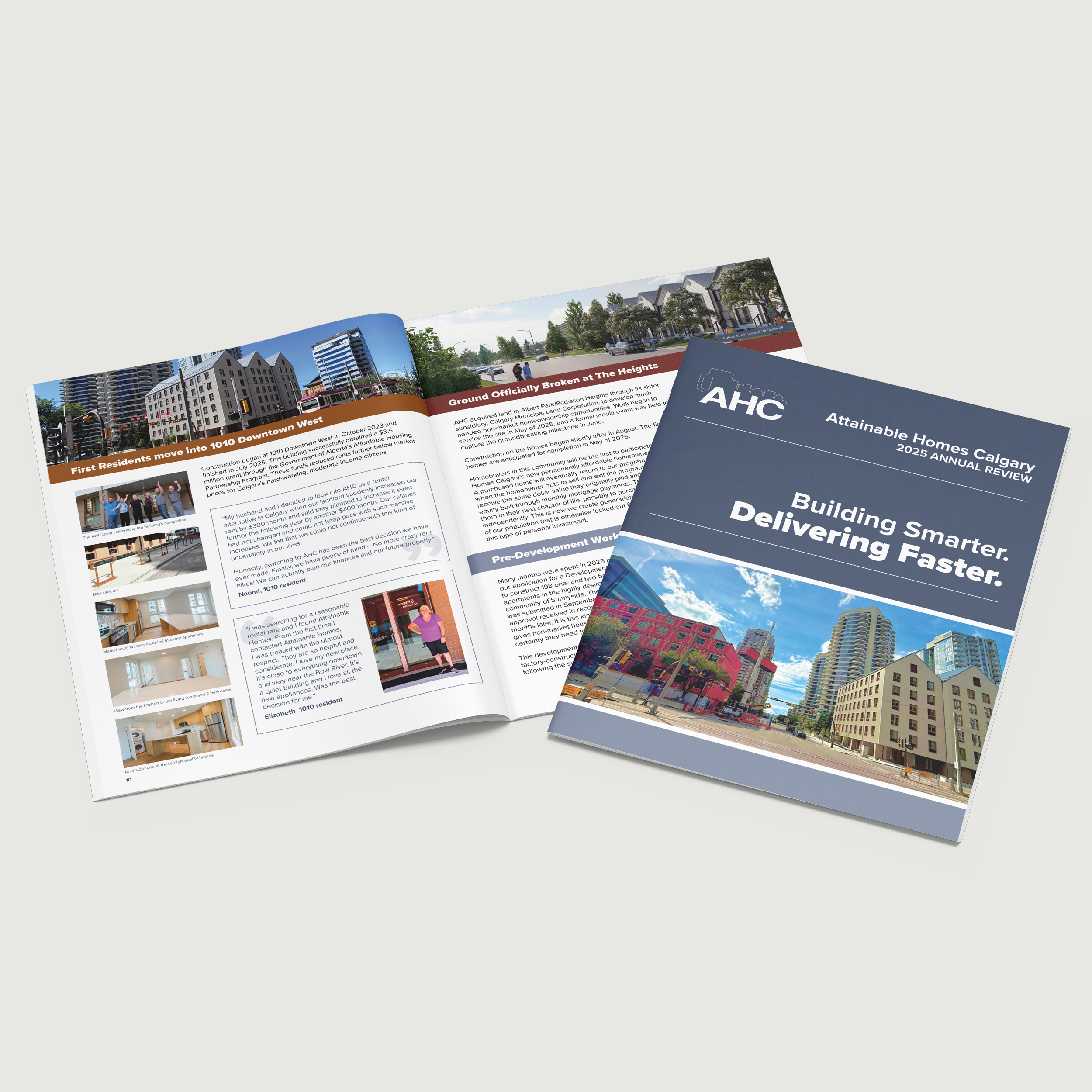 Graphic Design: Cover of 2025 Annual Report for Attainable Homes Calgary featuring a photo of new homes being built.