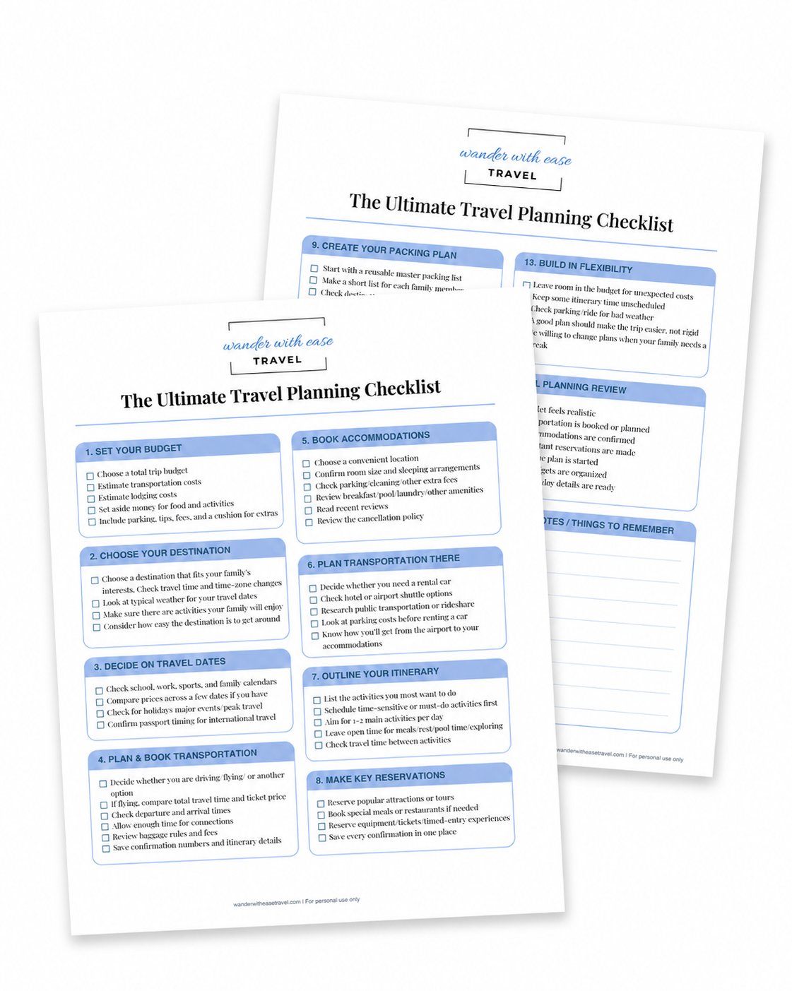 Free two-page Ultimate Travel Planning Checklist from Wander With Ease Travel