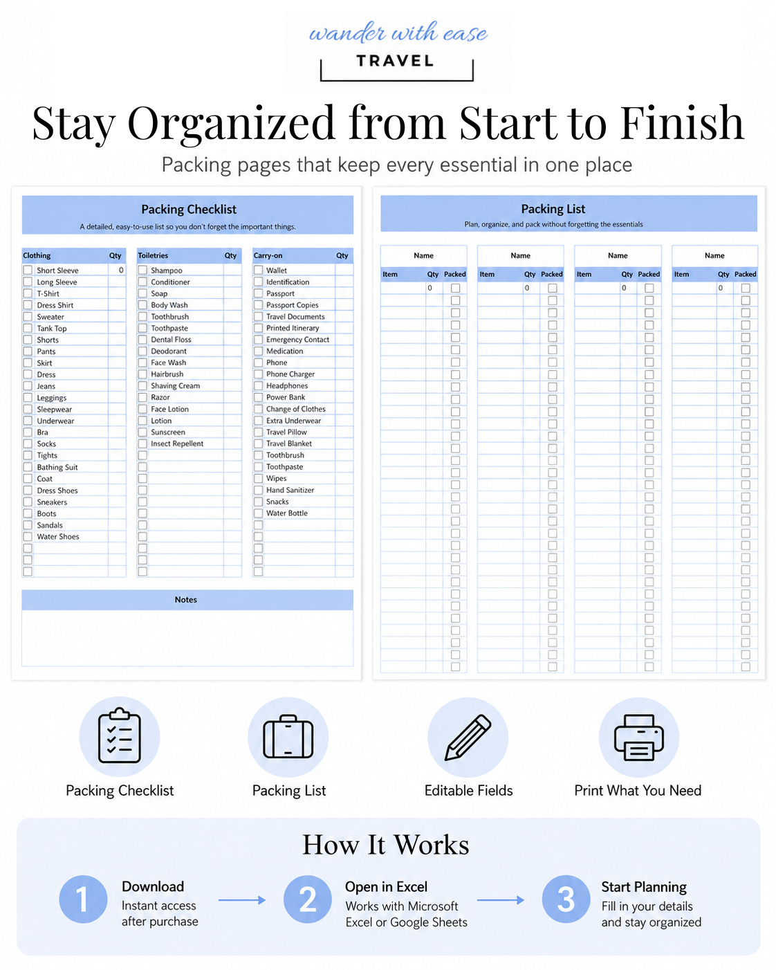 Travel Planner packing checklist and customizable packing list for organizing everything needed for a trip