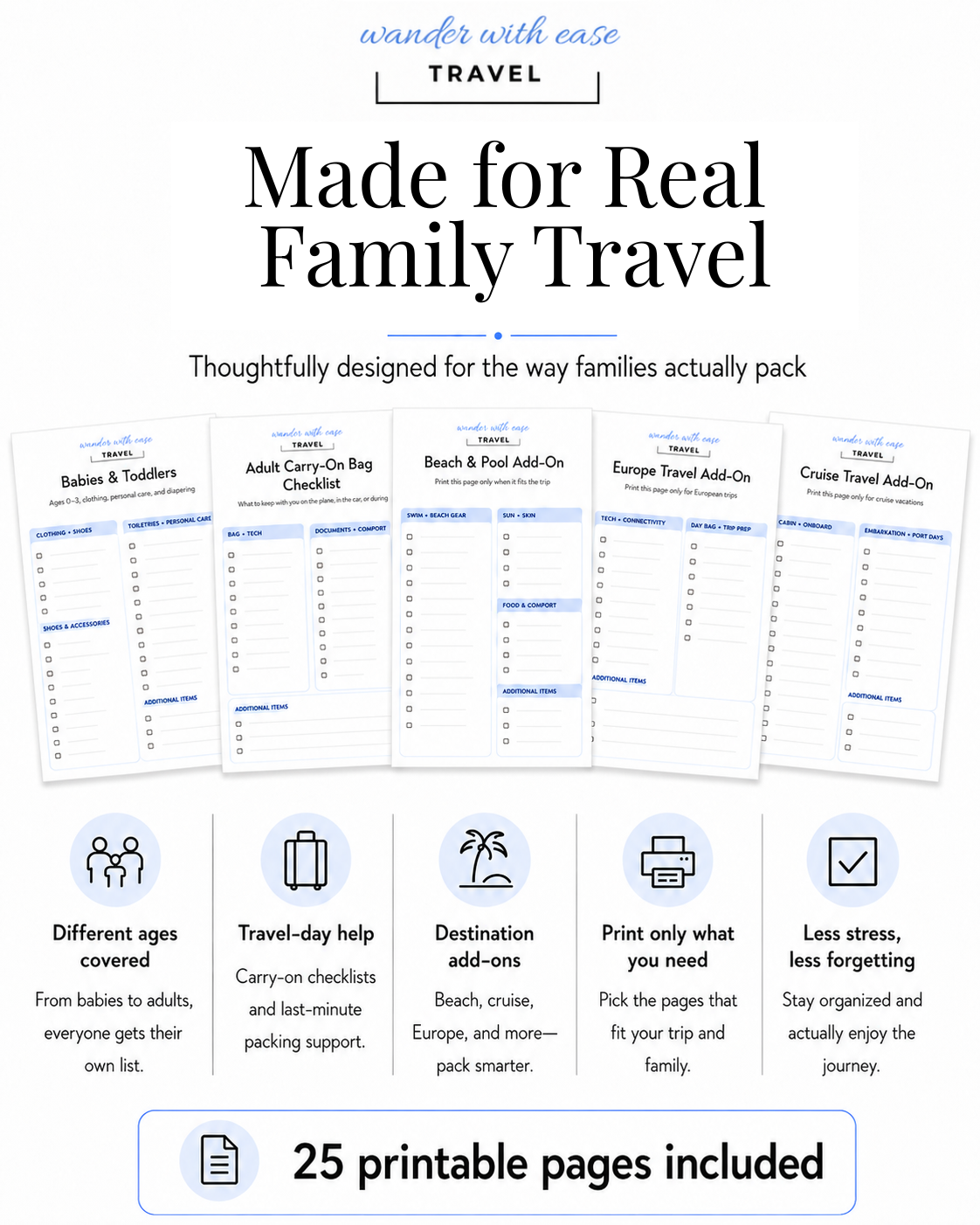 Printable family packing lists for different ages, travel days and vacation types