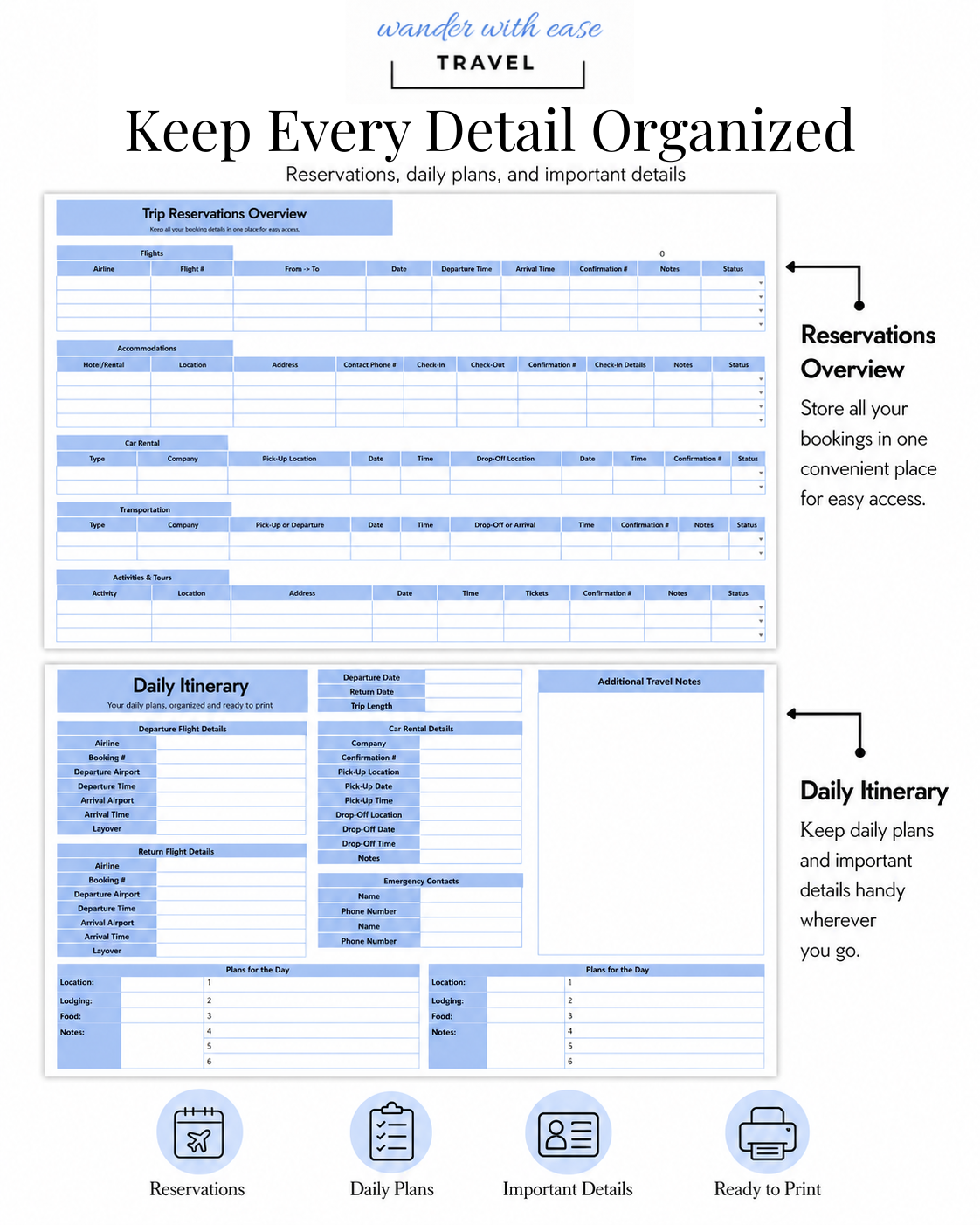 Travel reservations organizer and printable daily itinerary for keeping bookings and trip details organized