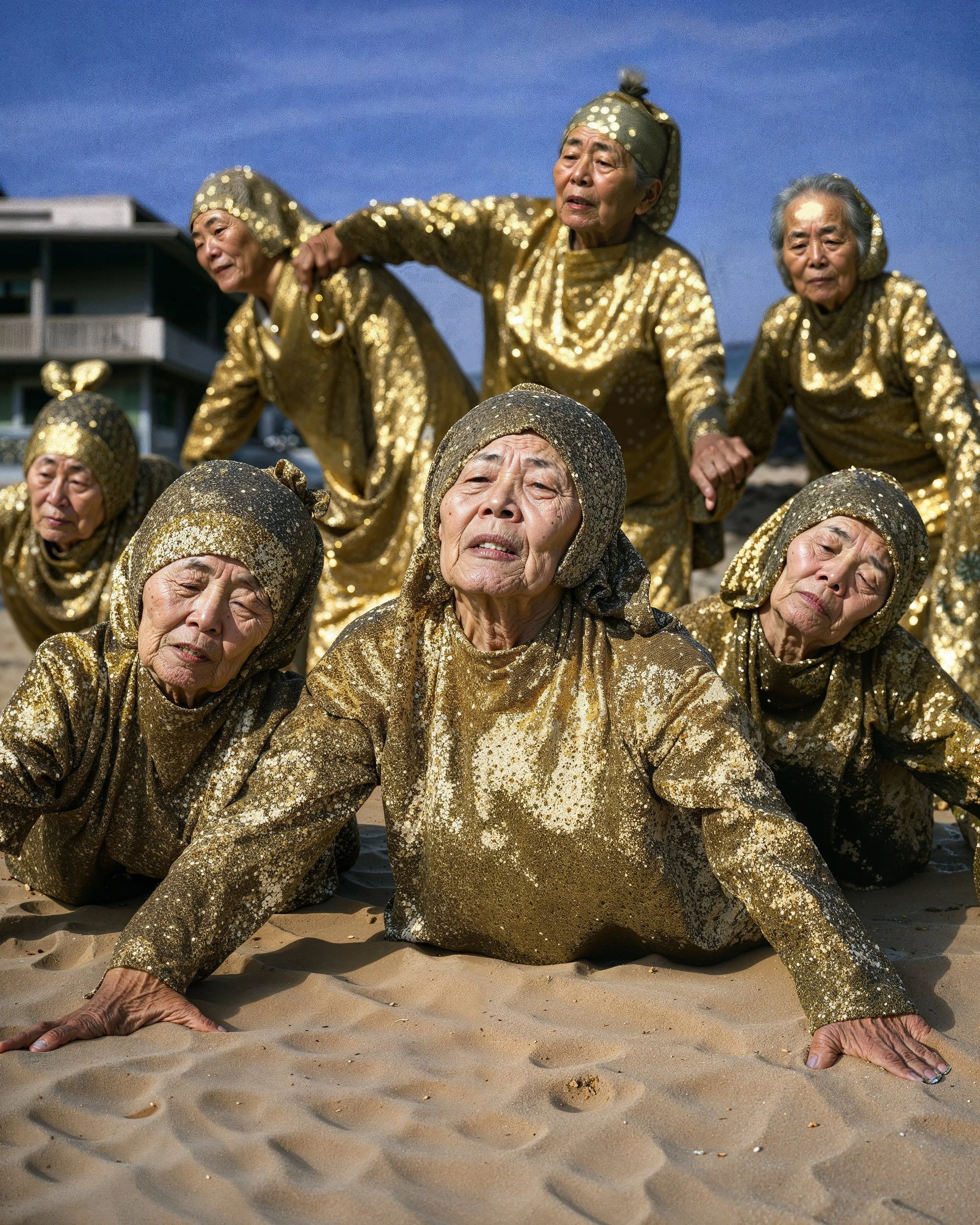 Older women dressed in sparkling gold costumes performing a synchronized dance on a sandy beach.