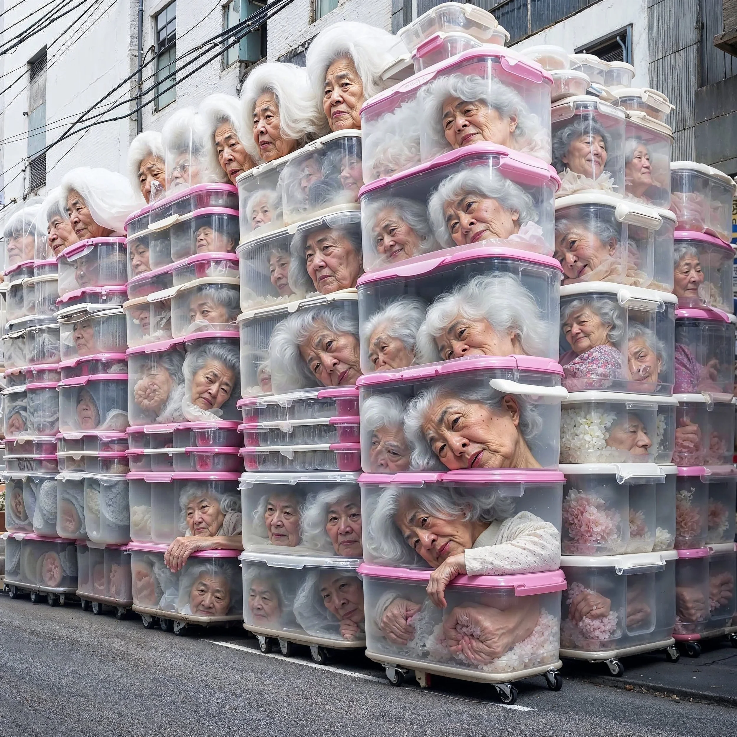 A street scene with numerous stacked plastic storage containers, each containing the face and arm of an elderly woman with white or gray hair, creating a surreal, layered visual effect.