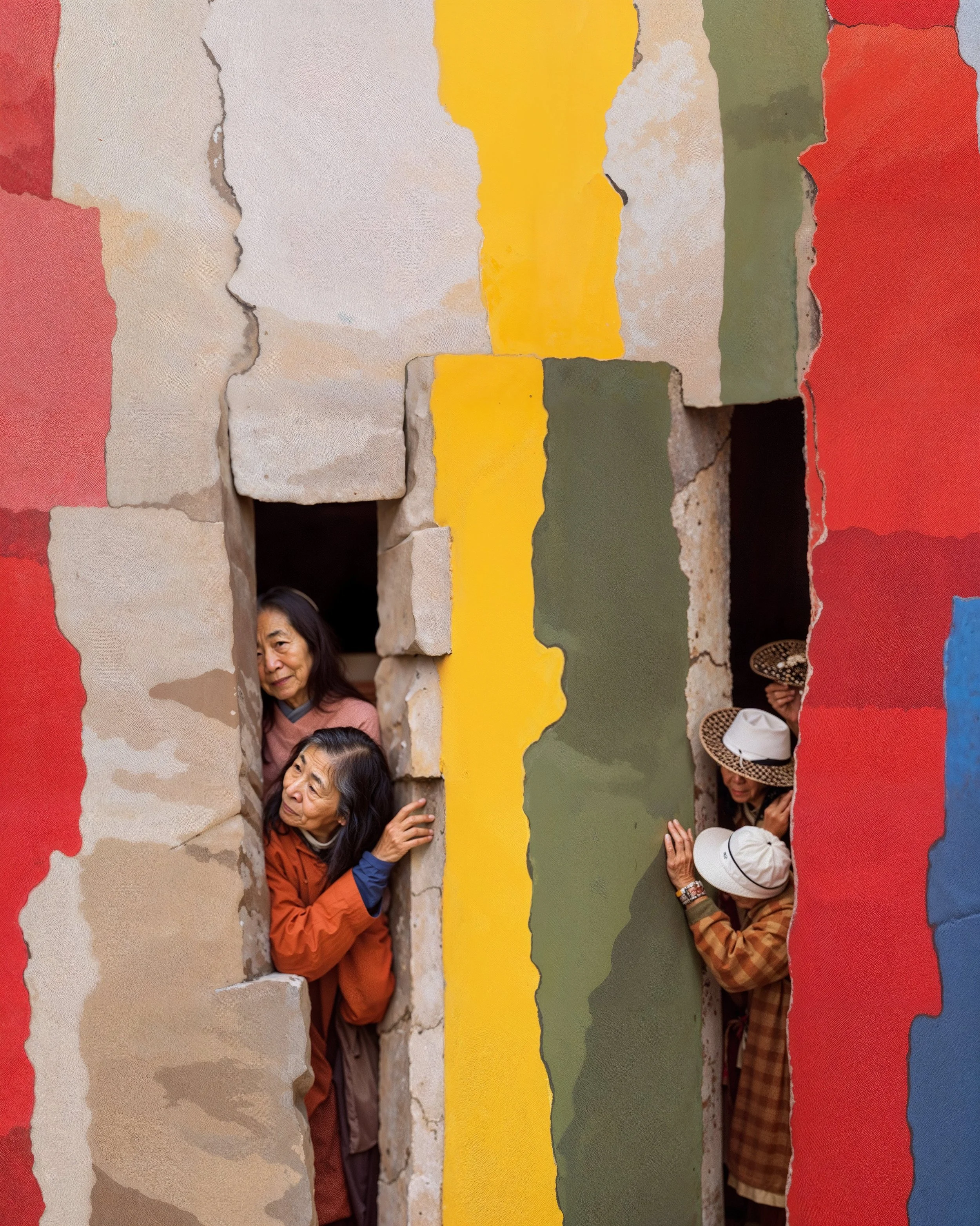 Four women peeking through colorful wall openings at an art installation with vibrant, irregularly shaped painted panels in red, beige, yellow, green, and blue.