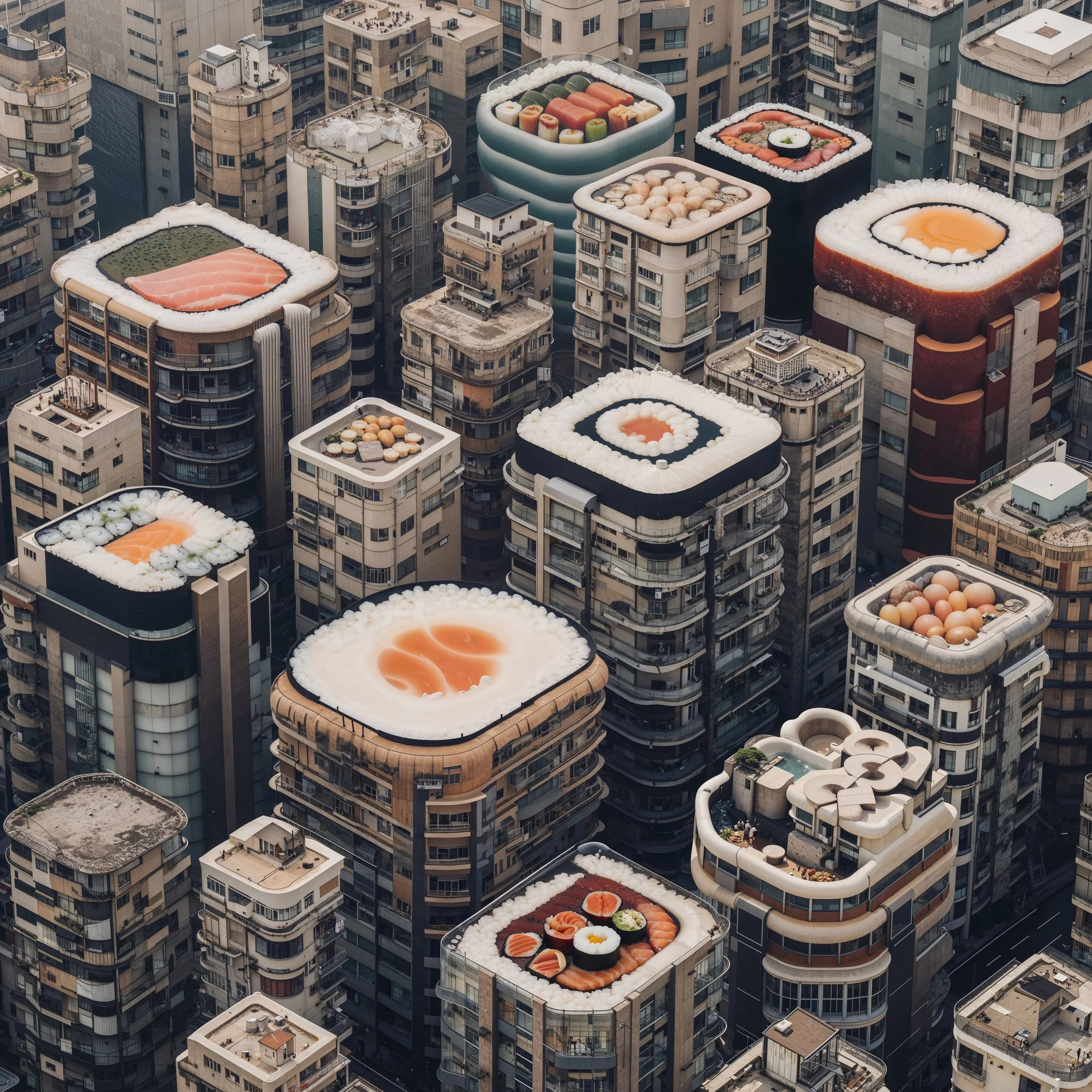 Cityscape with skyscrapers featuring roofs designed to look like sushi, including sushi rolls, nigiri, and sashimi on top of the buildings.